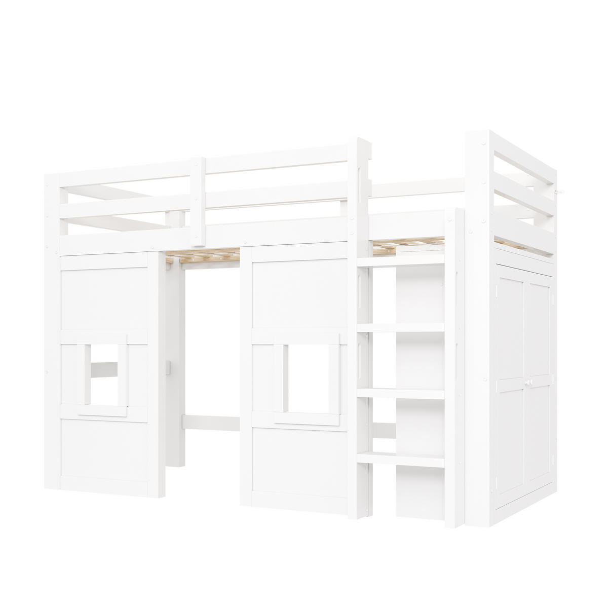 HOCHBETT 90/200 cm DE-03381, mit integriertem Kleiderschrank, 2 Fenstern und LED-Beleuchtung, in Weiß - Weiß, Holz/Holzwerkstoff (90/200cm) - ComfortXL