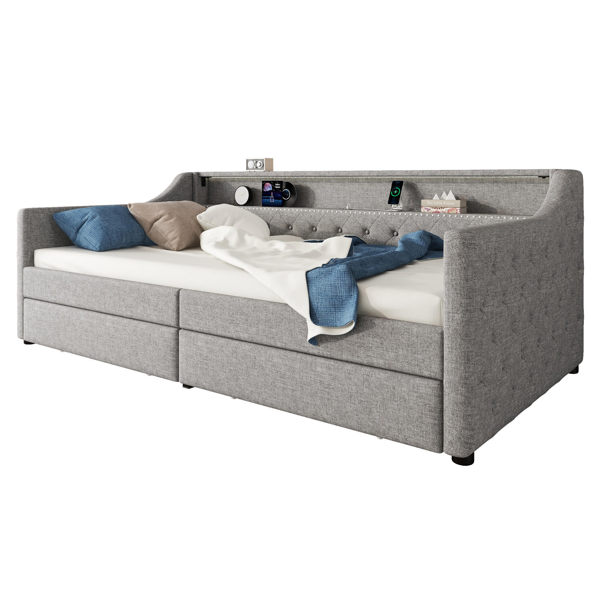 TAGESBETT 90/200 cm mit LED-Beleuchtung, USB-Anschluss, 2 Schubladen und Lattenrost, Grau - Grau, Textil (90/200cm) - Redom
