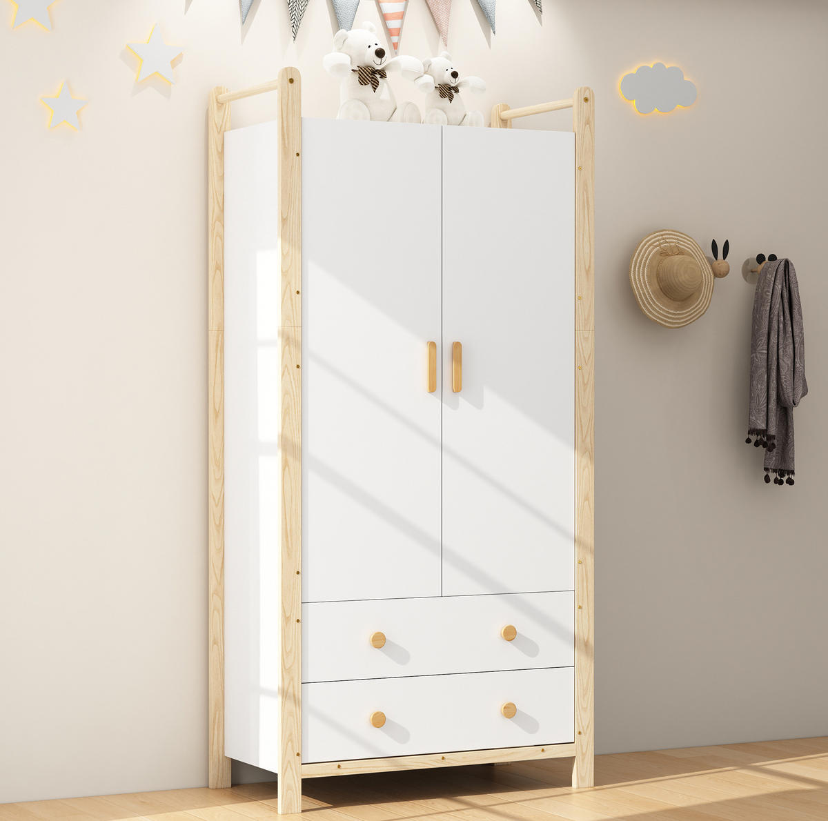 KLEIDERSCHRANK aus Spanplatte & Kiefer, Kleiderstange & 2 Schubladen, 89,6/44/180,5 cm, Weiß/Natur - Weiß, Holzwerkstoff (89.6/180.5/44cm) - Redom