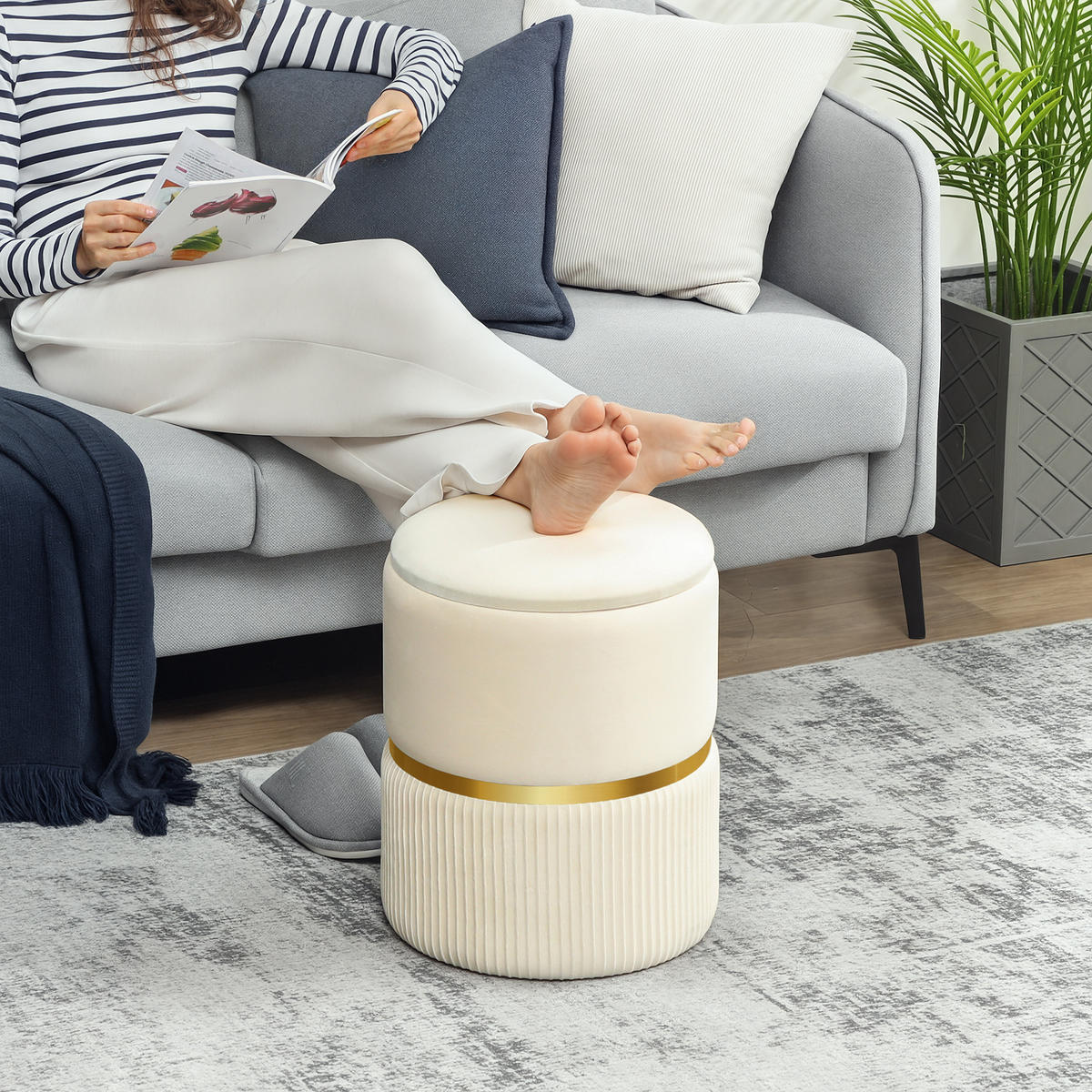 POUF DE-16435 mit Stauraum und Rippenvelours Beige - Beige, Textil (36/44/36cm) - ComfortXL