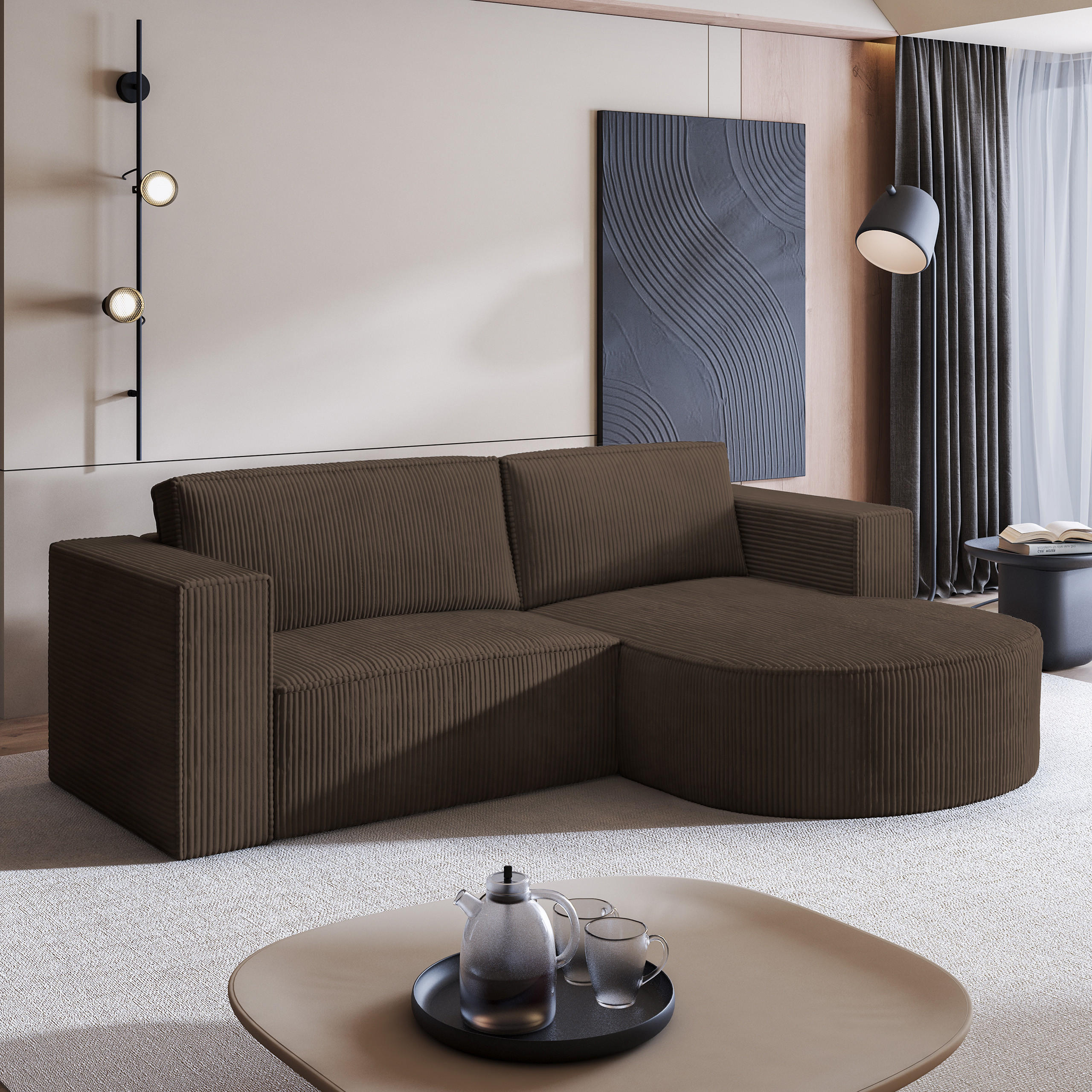 ECKSOFA SORELA P R-S Braun Kordstoff mit Schlaffunktion - Braun, Holz (263/174cm) - MASSENO