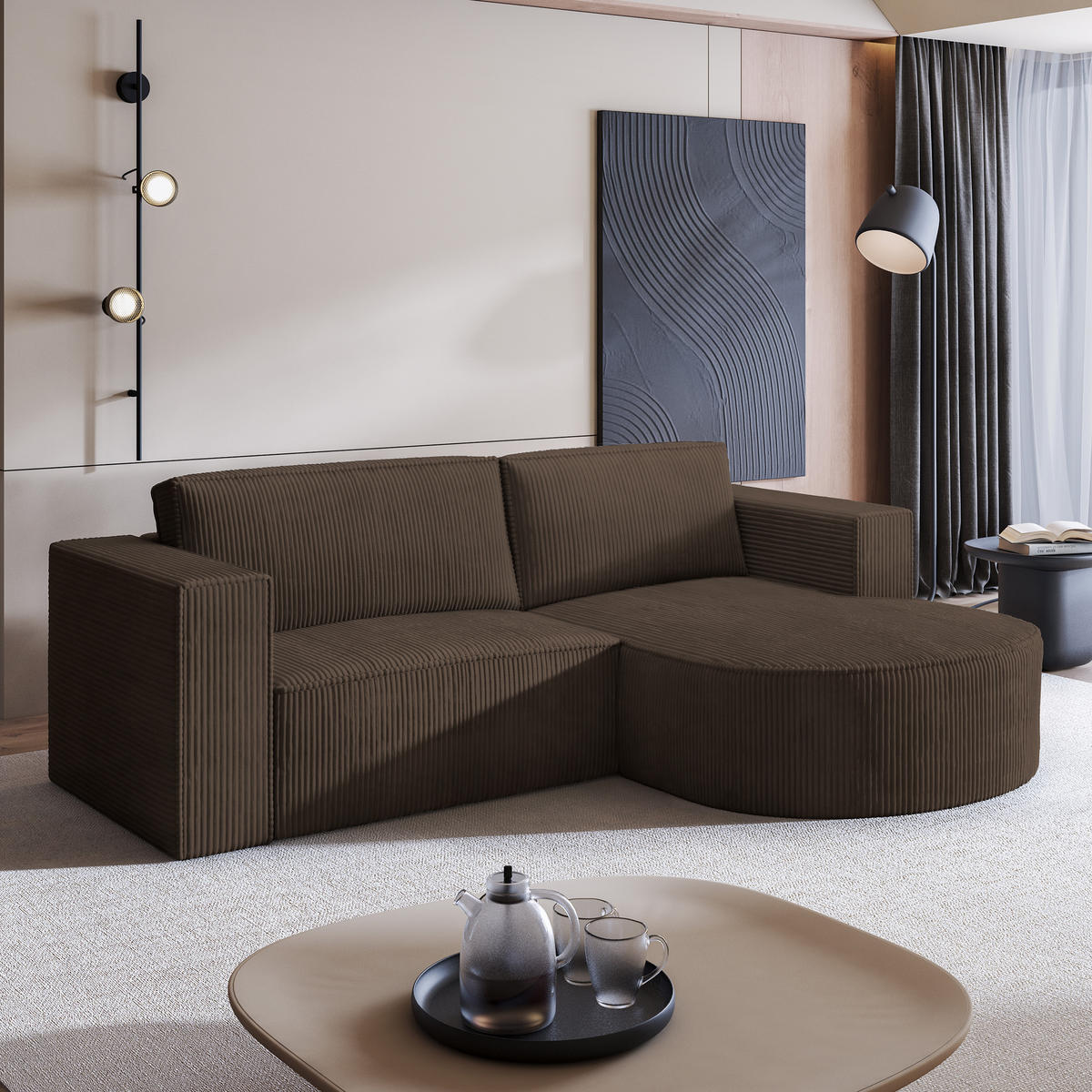 ECKSOFA SORELA P R-S Braun Kordstoff mit Schlaffunktion - Braun, Holz (263/174cm) - MASSENO