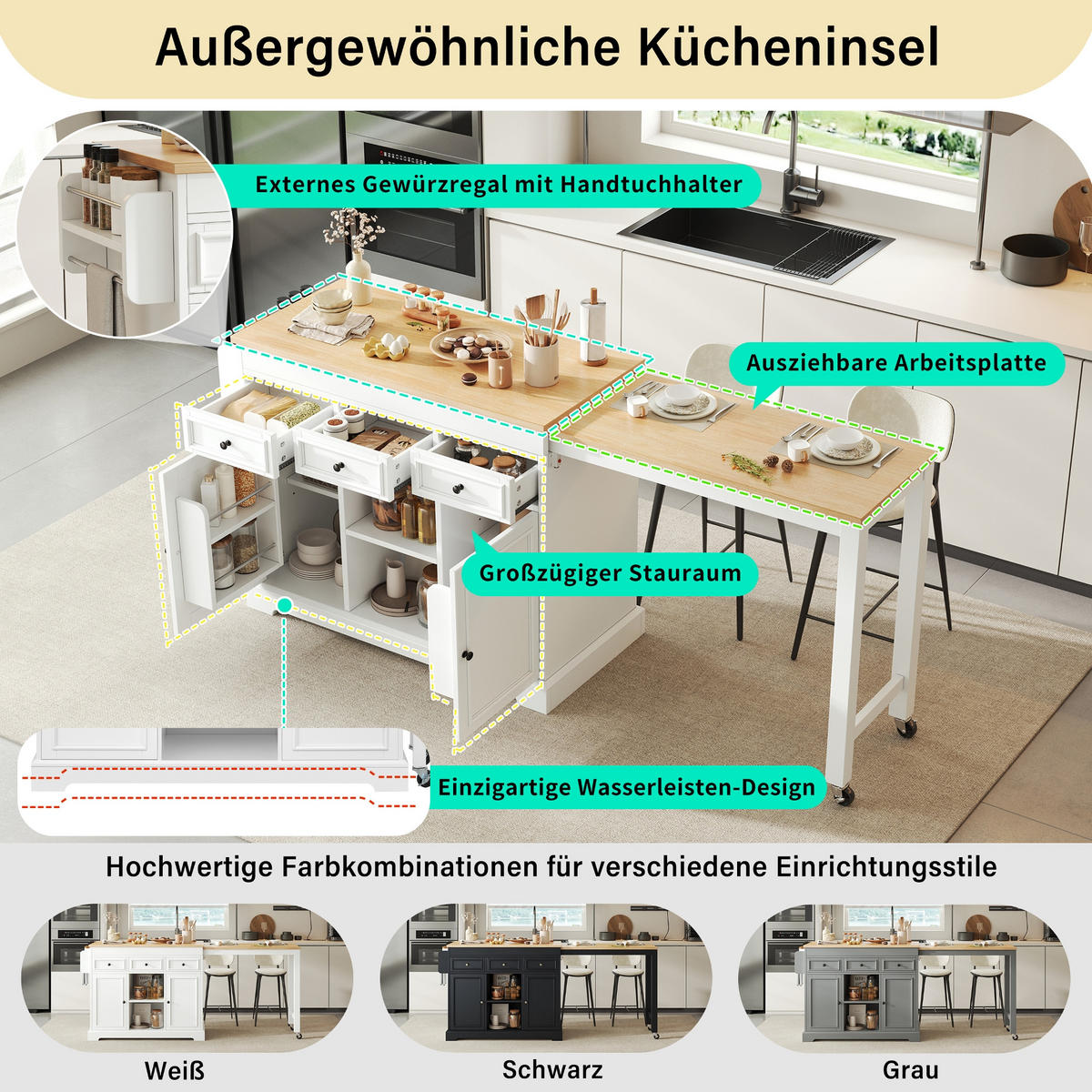 KÜCHENINSEL 112-188/45/92 cm Weiß mit 3 Schubladen, Gewürzregal und Rollen - Weiß, Holz (45/92/124.3cm) - Oxeza