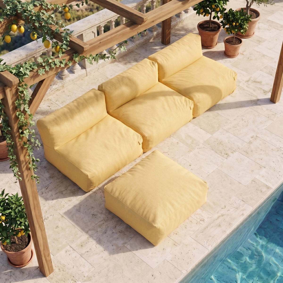 GARTENSOFA mit 4 Sitzplätzen, Hellgelb - Gelb, Textil - Oviala