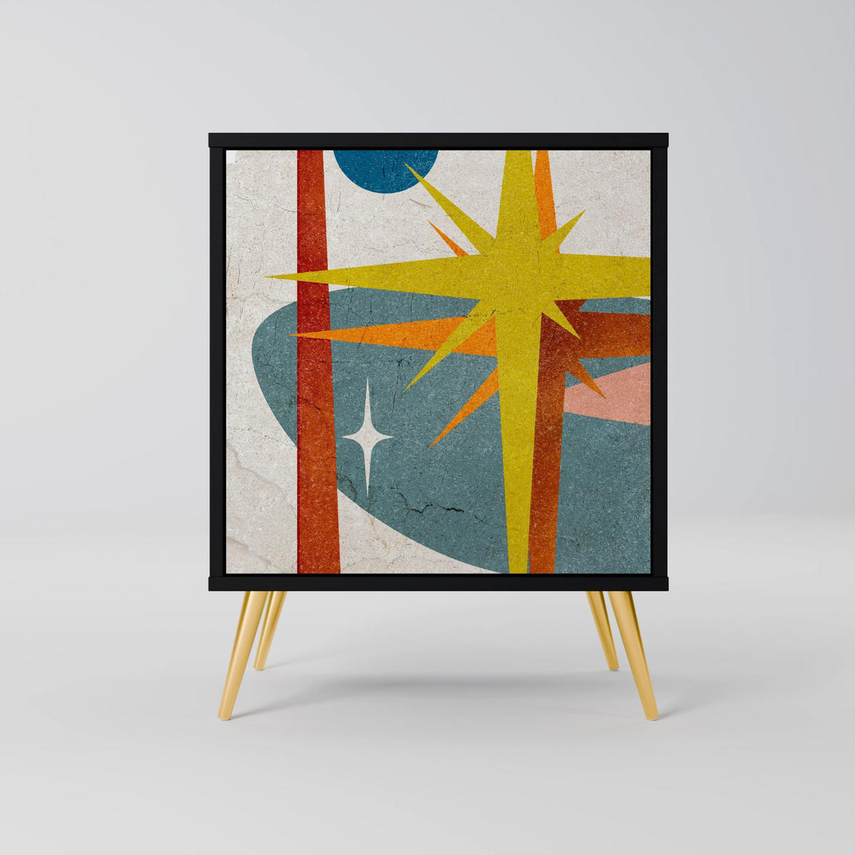 SIDEBOARD INTERSTELLAR VIBES, Schwarz, 57,5x42x70,5 cm, Schwarze Metall-Sternfüße - Multicolor/Schwarz, Holzwerkstoff/Metall (57.5/70.5/42cm) - SpaceRebels