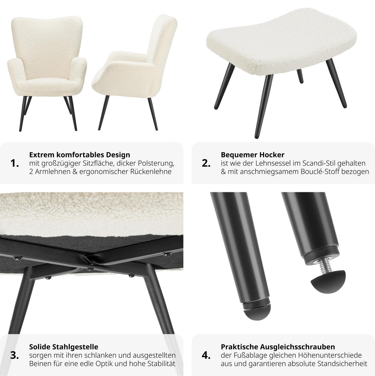 SESSEL Hygge,72 x 76 x 100,5 cm,Bouclé creme/schwarz - Creme/Schwarz, Kunststoff (72/100.5/76cm) - tectake