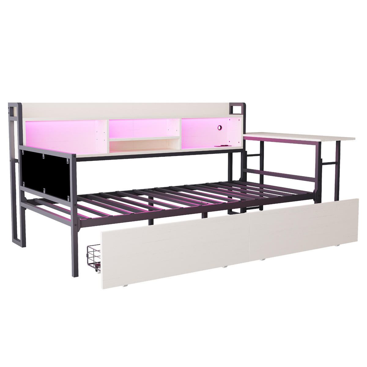 BETT 90/200 cm mit LED-Beleuchtung und Schreibtisch Weiß - Weiß, Metall (90/200cm) - OKWISH
