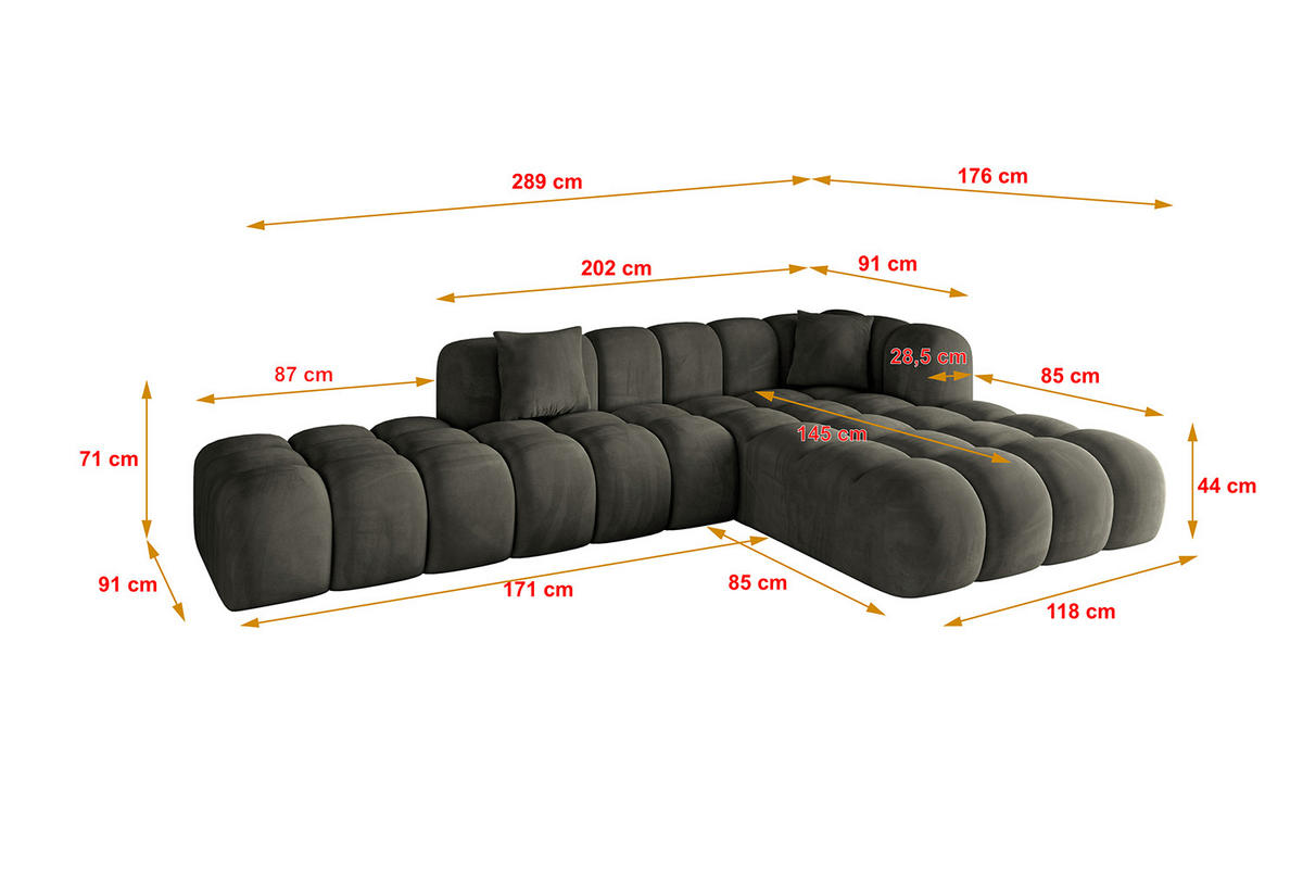ECKSOFA Ottomane Rechts OLEA-L2 - 289x176x71 cm Schwarz - Schwarz, Holzwerkstoff/Kunststoff (289/176cm) - ALTDECOR