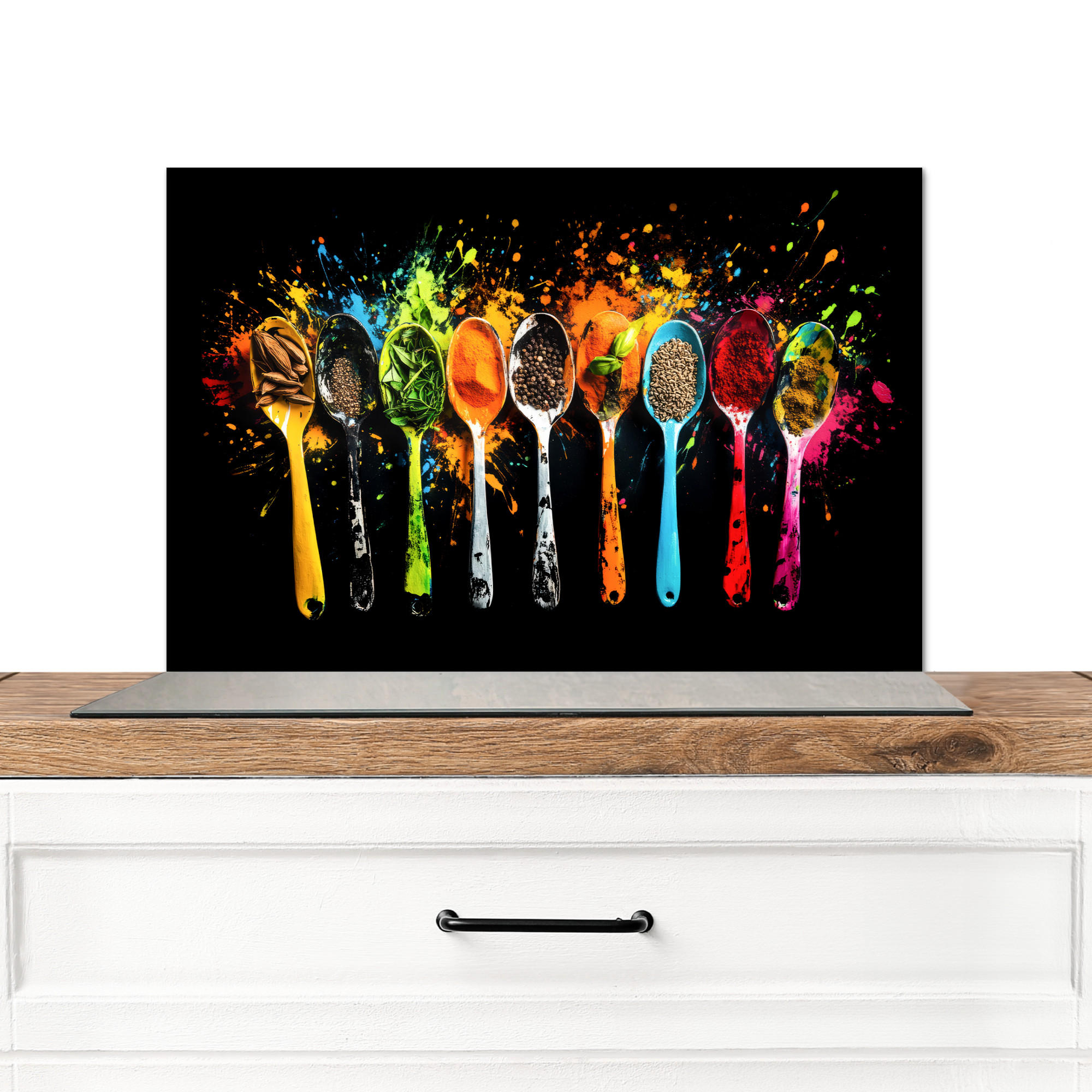 SPRITZSCHUTZ KÜCHE Löffel - Gewürze - Modern - Graffiti - Farbe - Farbenfroh 70x50 cm - Multicolor, Metall (70/0.3/50cm) - MuchoWow