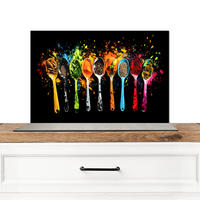 SPRITZSCHUTZ KÜCHE Löffel - Gewürze - Modern - Graffiti - Farbe - Farbenfroh 70x50 cm - Multicolor, Metall (70/0.3/50cm) - MuchoWow