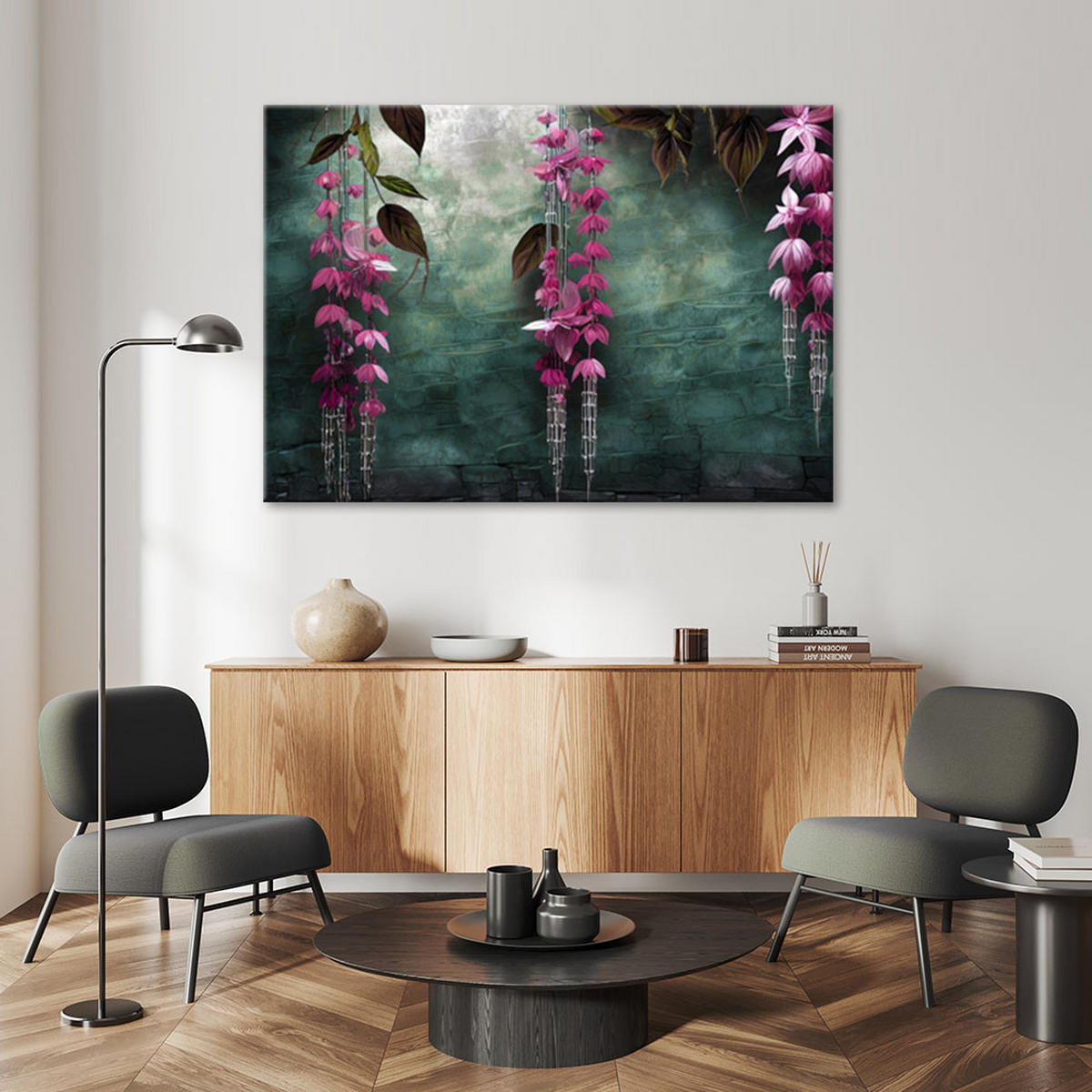 LEINWANDBILD Hängende Blätter und Blumen auf grünem Hintergrund - Grün, Textil (90/60cm) - Feeby