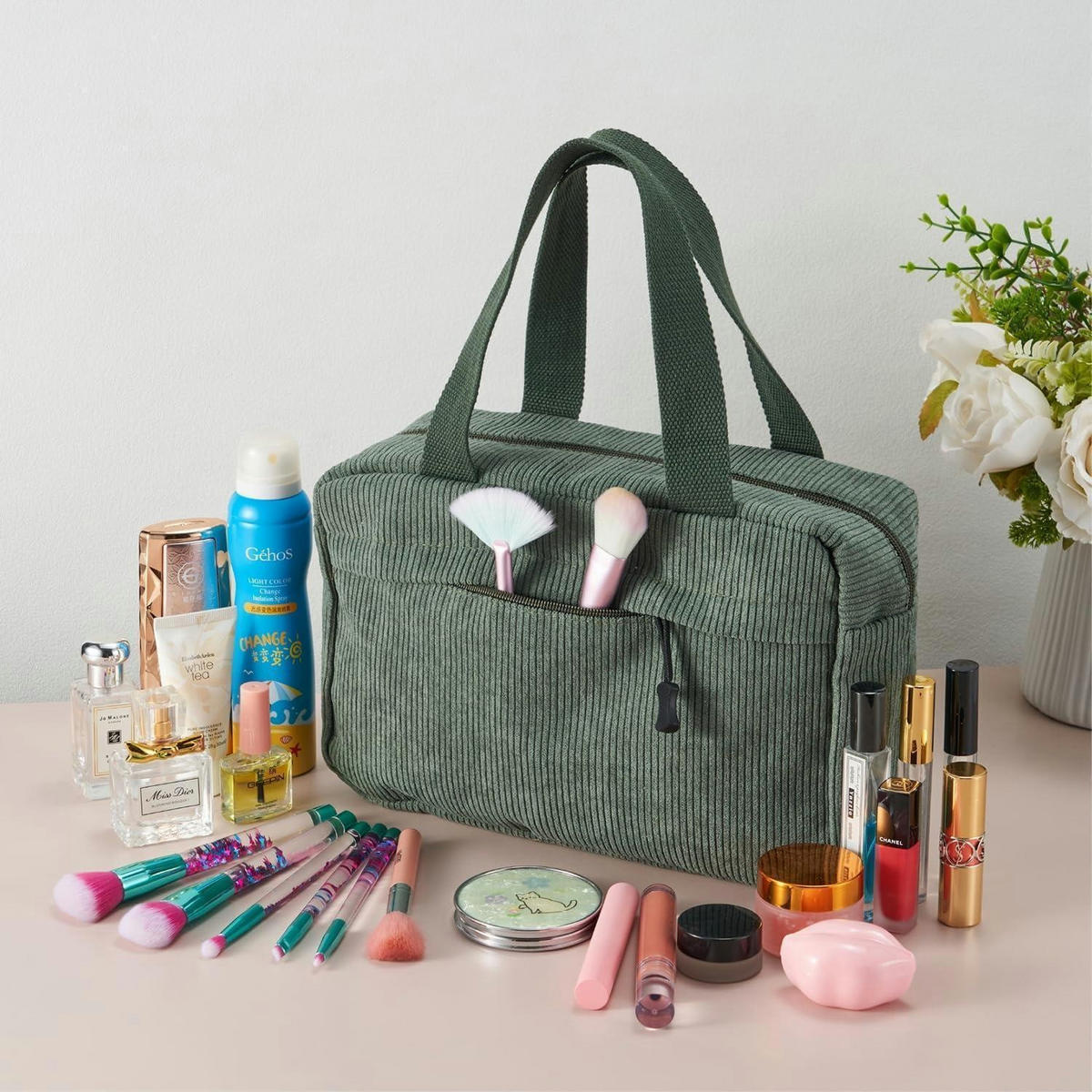 KULTURTASCHE Damen Cord Grün 30 cm - Olivgrün, Textil (18/2/26cm)