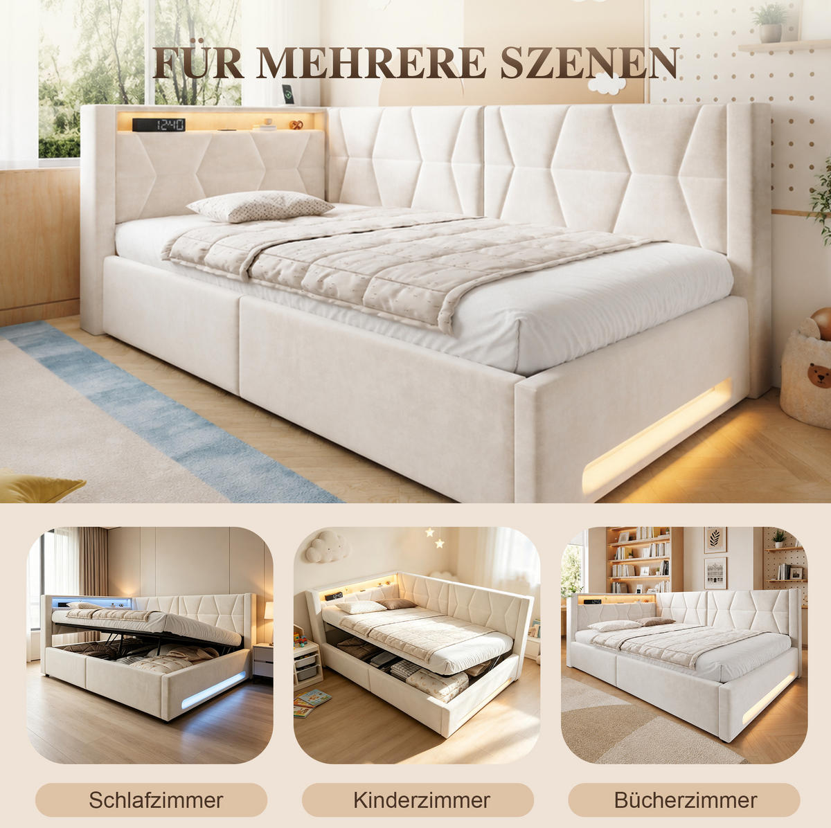 POLSTERBETT 90x200 cm in Beige mit Bettkasten, LED, USB und Type-C - Beige, Metall (90/200cm) - IVMEU
