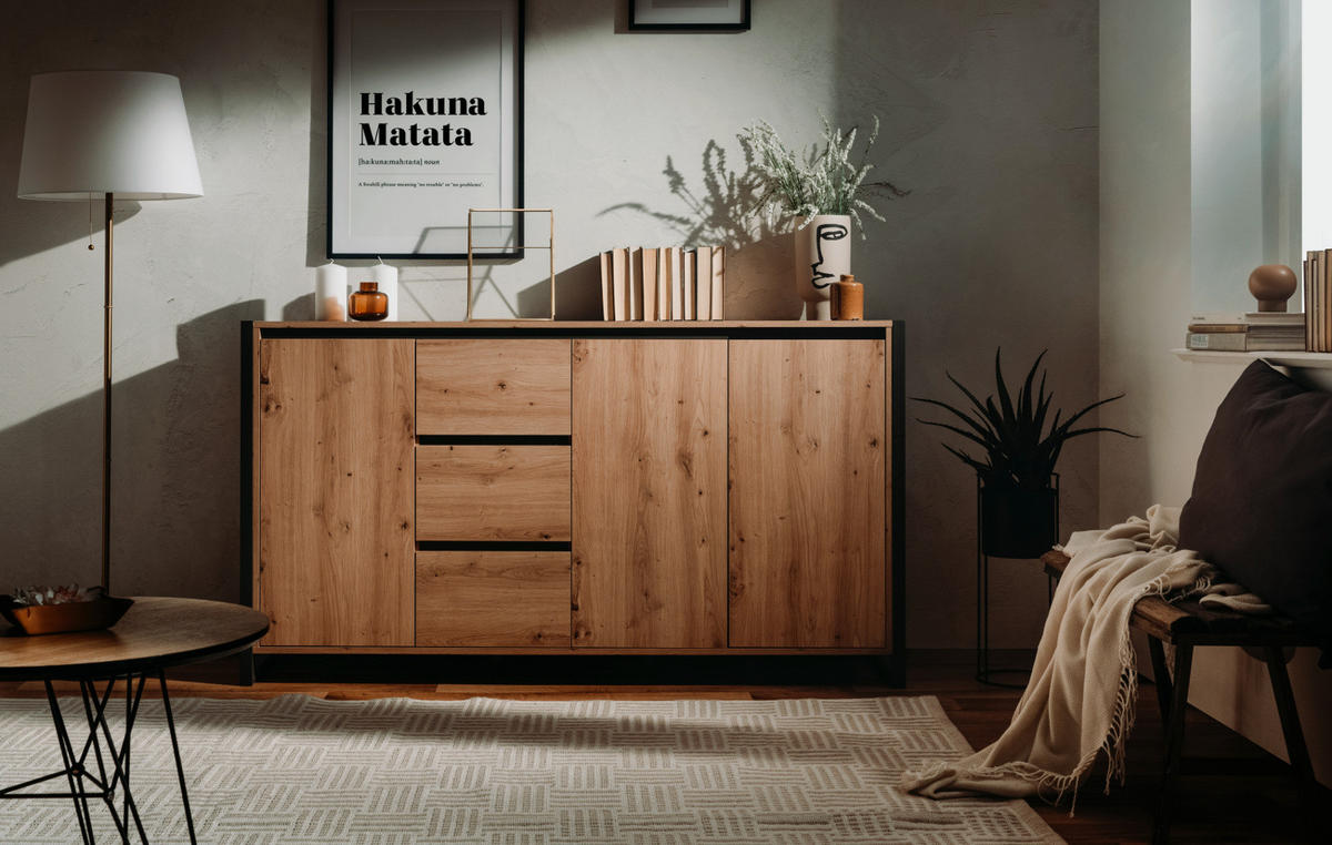 SIDEBOARD Eiche Artisan, anthrazit, 160 cm Industrial Design, Kommode mit viel Stauraum - Anthrazit/Eiche Artisan, Holzwerkstoff (160/88/40cm) - Furn.Design