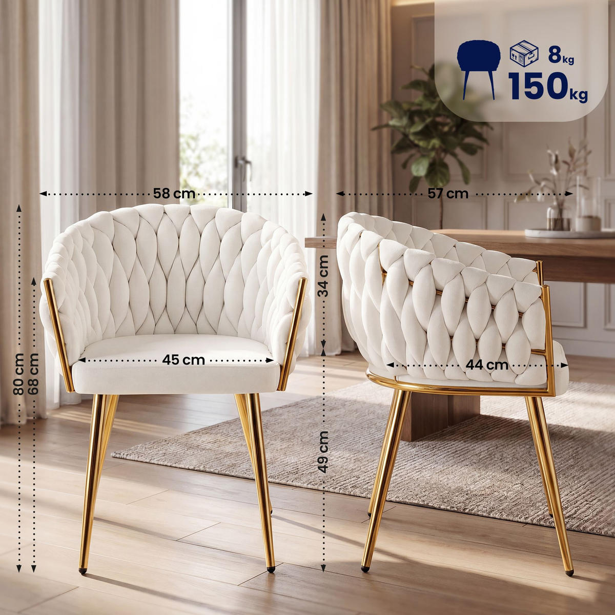 ARMLEHNENSTUHL Samt Creme - Goldfarben/Creme, Textil/Metall (58/80/57cm) - CLP