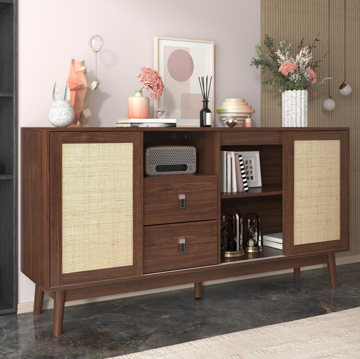 SIDEBOARD 155/38/80 cm aus MDF und Spanplatte mit Schiebetüren aus echtem Rattan Dunkles Holz - Nussbaumfarben, Holzwerkstoff (155/80/38cm) - Modenvie