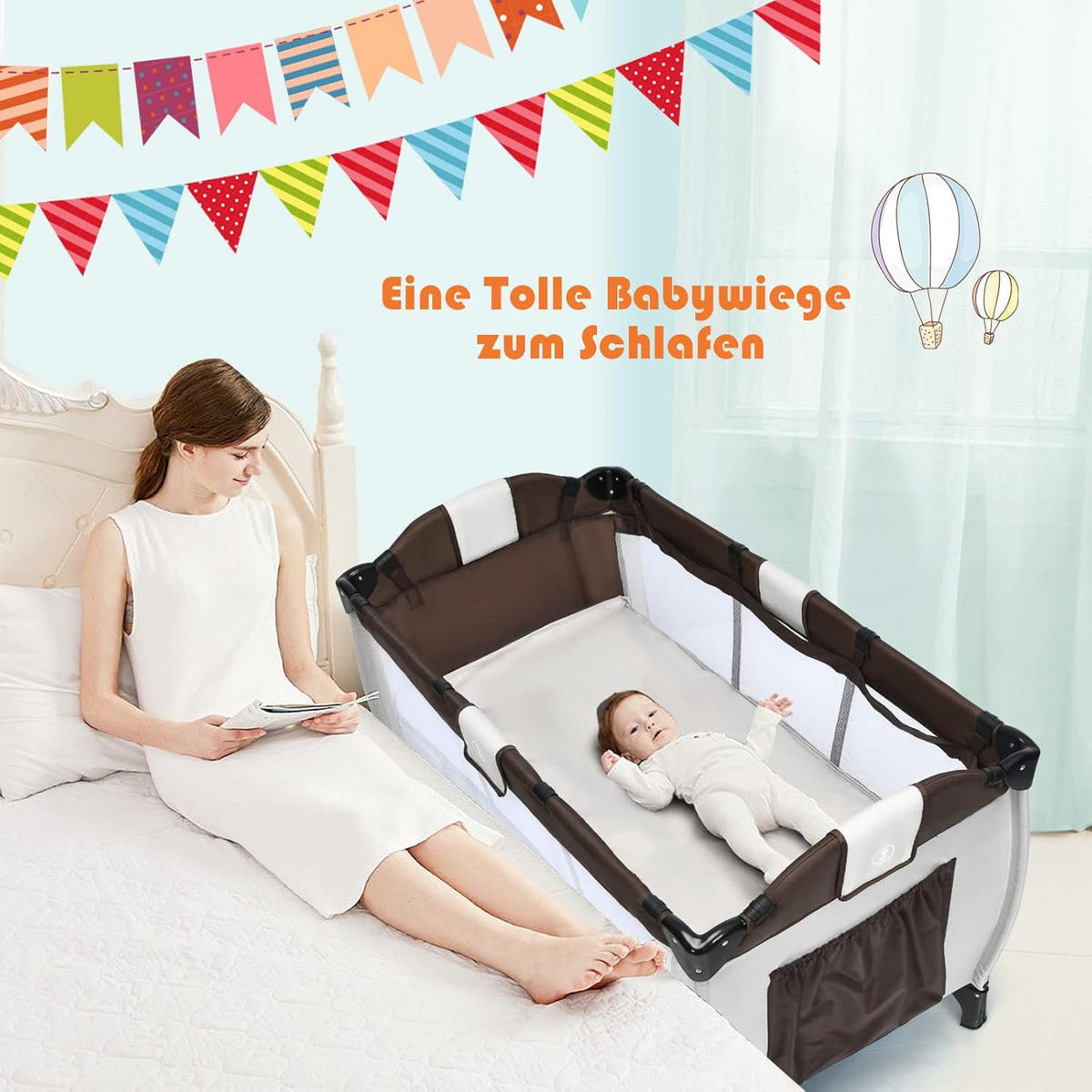 BABYBETT 3 in 1 klappbares Reisebett Wickeltisch Braun - Braun, Metall - COSTWAY