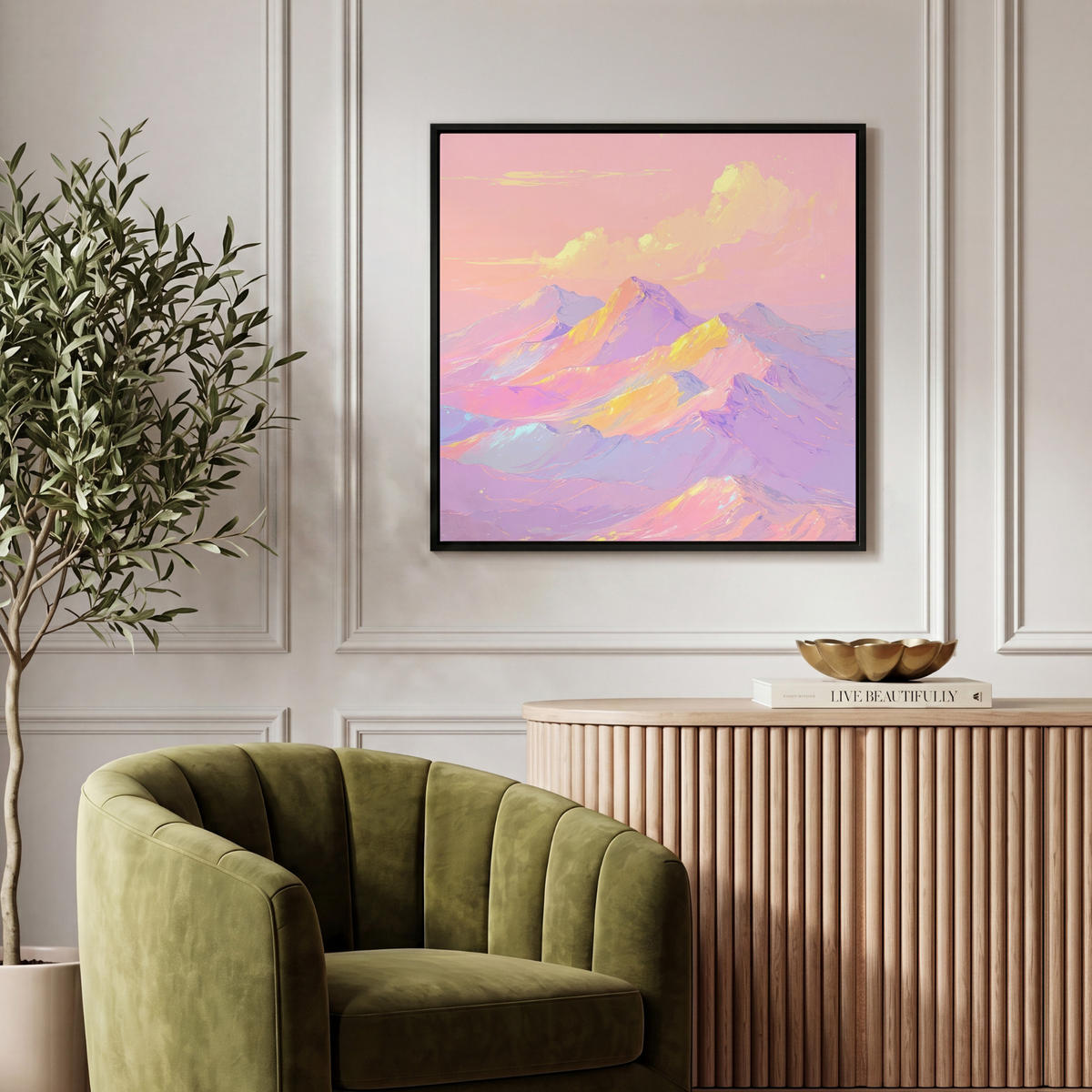LEINWAND Bilder mit Rahmen - Berggipfel - Wolken - Verträumt - 50x50 - Hellrosa, Textil (50/50cm) - OnlyWow