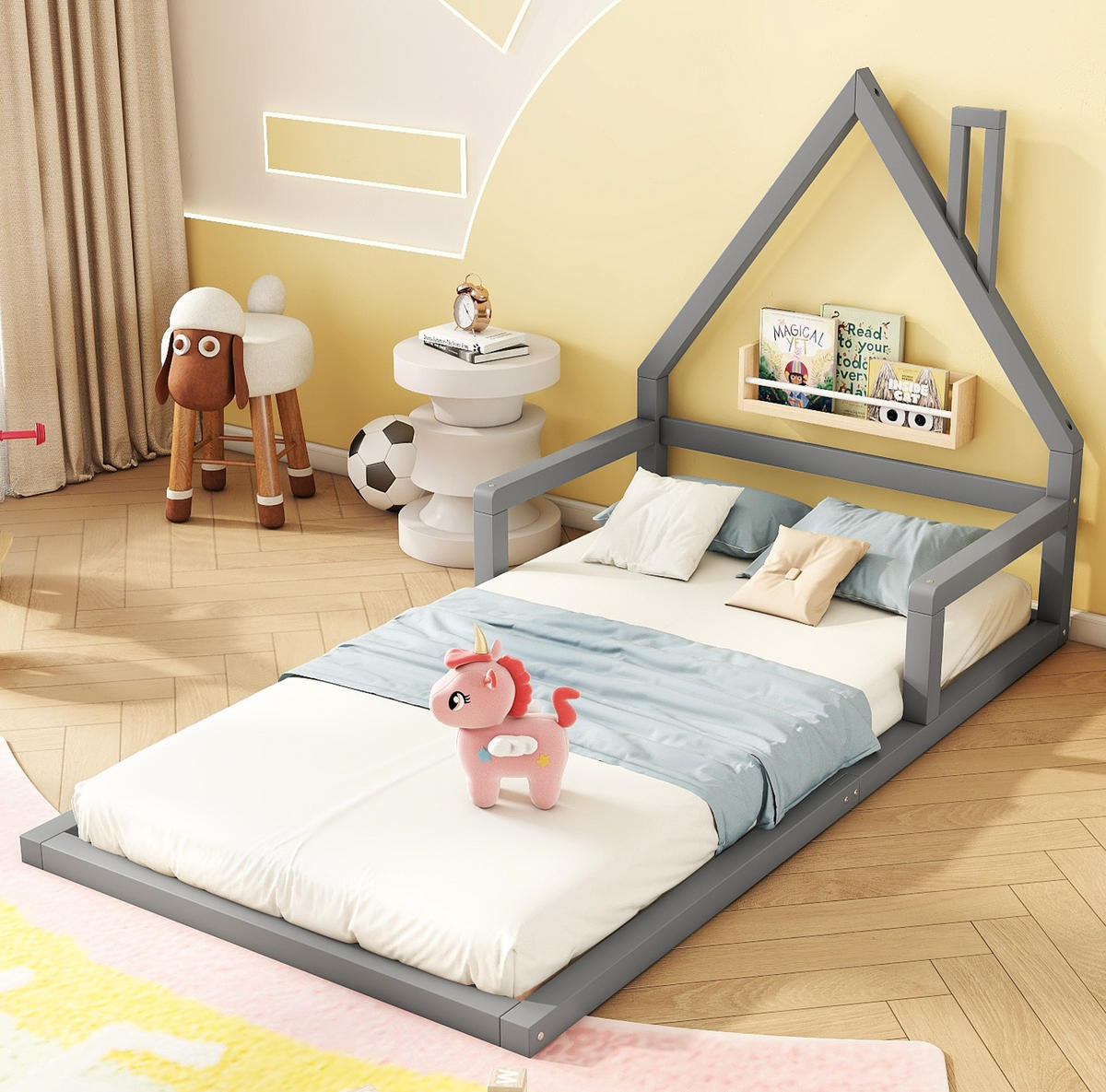 KINDERBETT Kindereinzelbetten 90/200 cm in Hausform aus Kiefer und MDF, pflegeleicht und stabil, Grau - Grau, Holzwerkstoff (90/200cm) - Redom