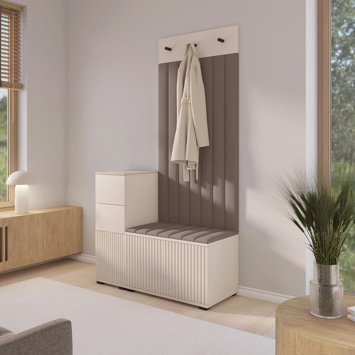 GARDEROBE Ritmo version 9 mit Spiegel, mit POLSTERPANEELEN Braun - Beige/Braun, Holzwerkstoff (100/185/40cm) - Jerpax