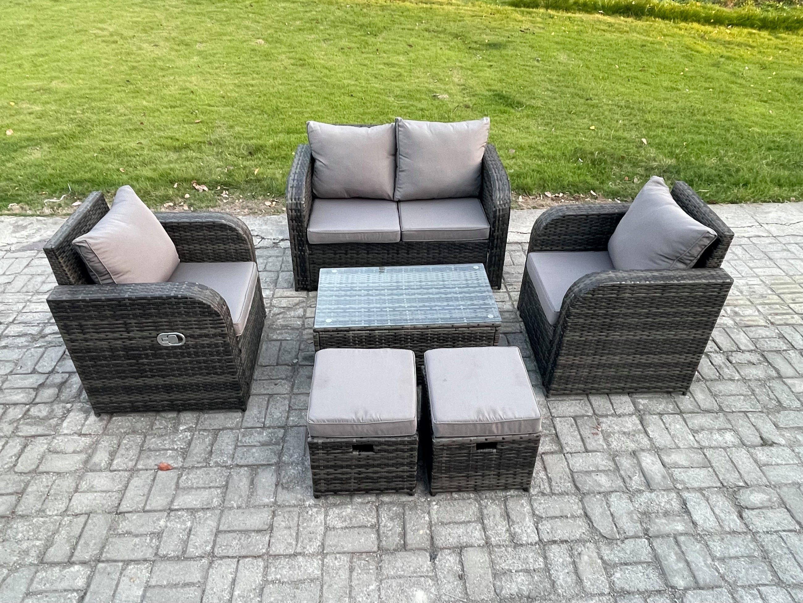 GARTENLOUNGE-SET Polyrattan Dunkelgrau 6-Sitzer - Dunkelgrau, Metall - Fimous