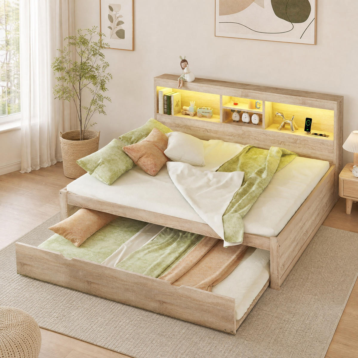 BETT 140/200 mit Ausziehbett, LED, Steckdose, USB und Seitenfach in Natur - Naturfarben, Holzwerkstoff (140/200cm) - EVRYAE