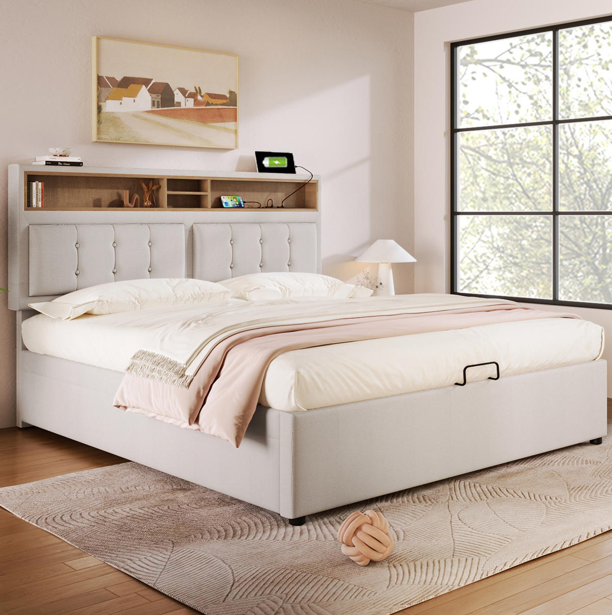 BETT mit Stauraum & USB/Type-C 140x200 cm Leinen Beige - Beige, Metall (140/200cm) - Meubliv