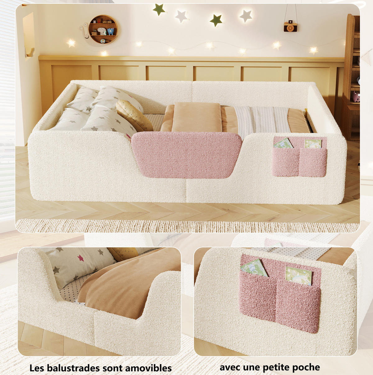 KINDERBETT 140/190 cm Beige aus Samt und MDF mit abnehmbaren Seitengittern - Beige, Textil (140/190cm) - OKMYHOME
