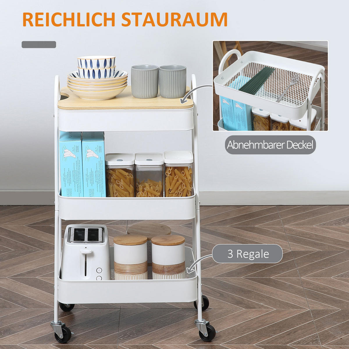 KÜCHENWAGEN mit 3 Böden, Deckel und Rollen 45 x 31 x 79,4 cm Weiß - Weiß, Metall (31/79.4/45cm) - Beauniv