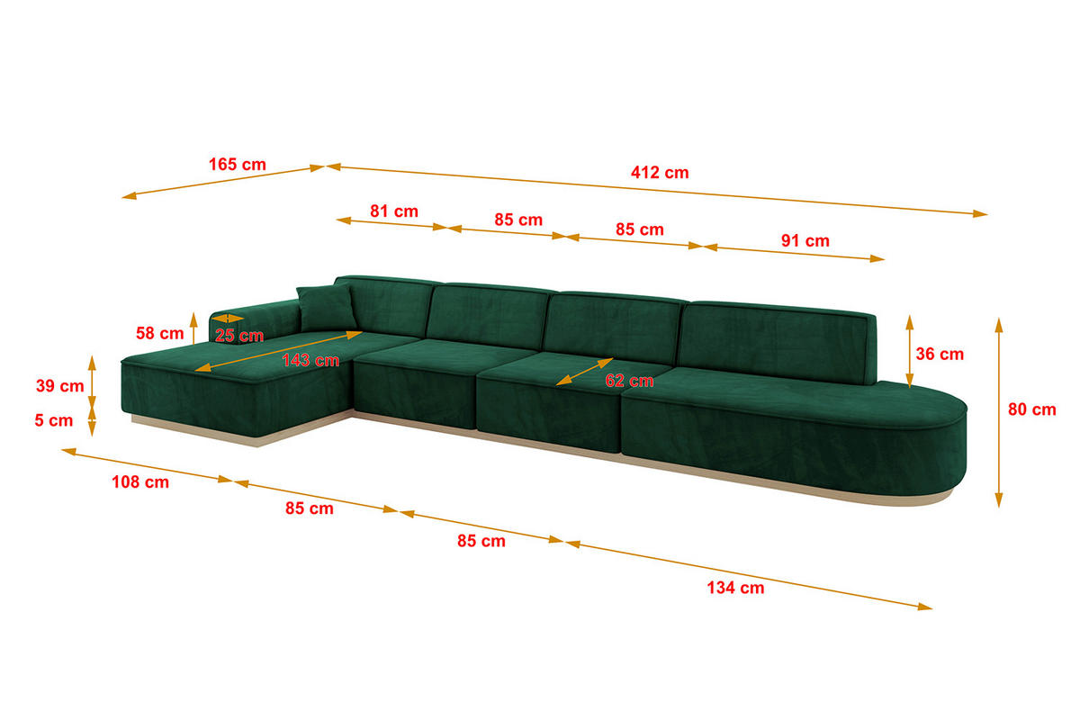ECKSOFA Ottomane Links IREA-L3 - 412x165x80 cm Grün - Dunkelgrün, Holzwerkstoff/Textil (412/165cm) - ALTDECOR