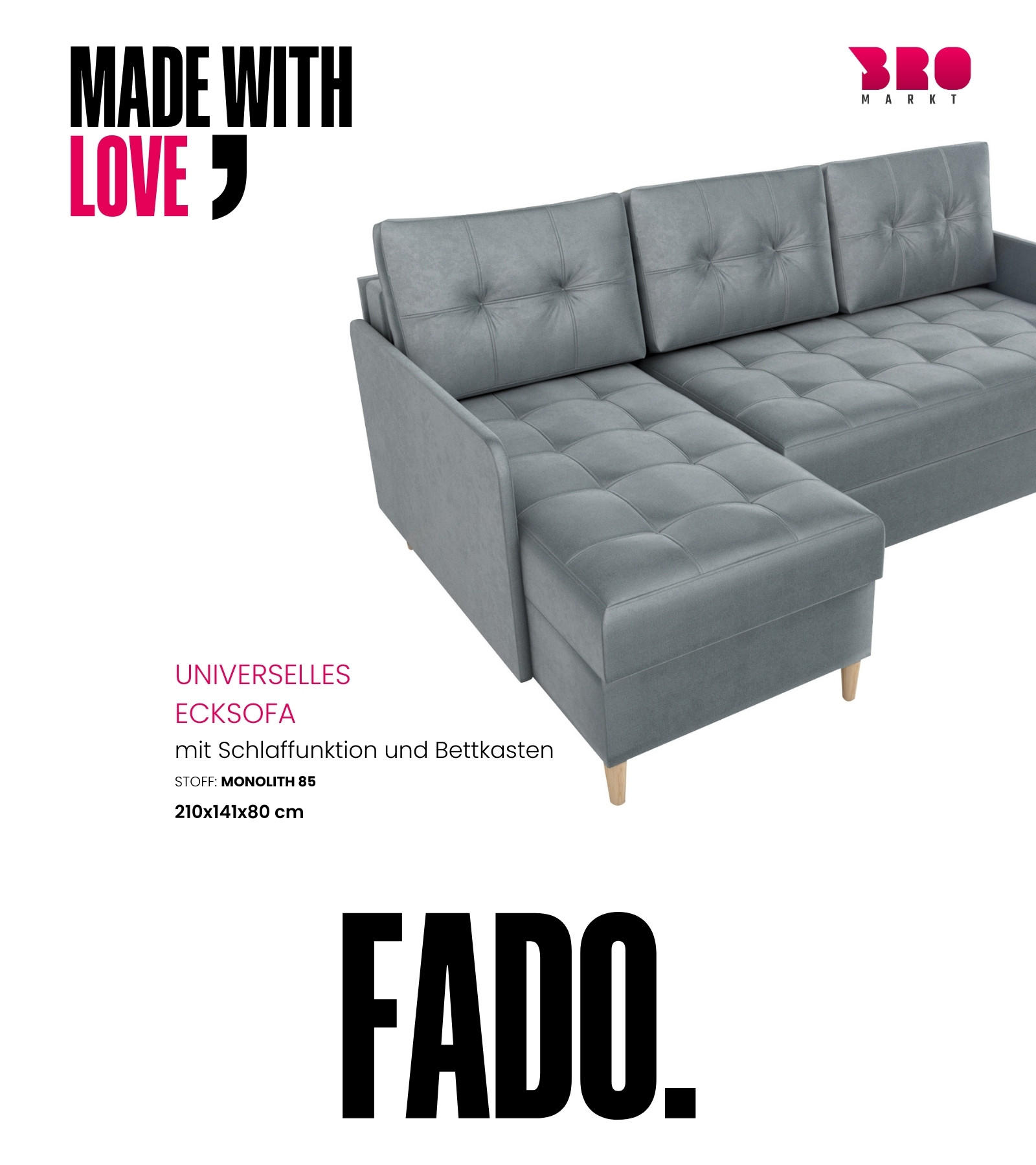 ECKSOFA Fado mit Schlaffunktion Grau Samtstoff - Grau, Textil (210/141cm) - Bromarkt