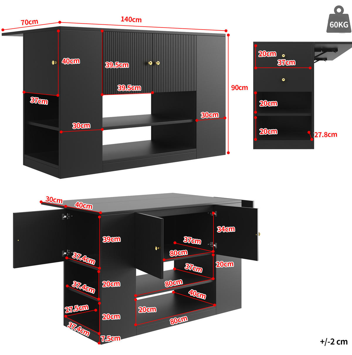 KÜCHENINSEL aus MDF mit Klapptisch & Stauraum, 140/40/90 cm, Schwarz - Schwarz, Holzwerkstoff (40/90/140cm) - Redom