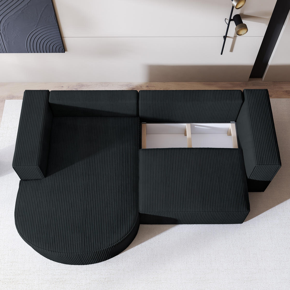 ECKSOFA SORELA P L-S Schwarz Kordstoff mit Schlaffunktion - Schwarz, Holz (263/174cm) - MASSENO