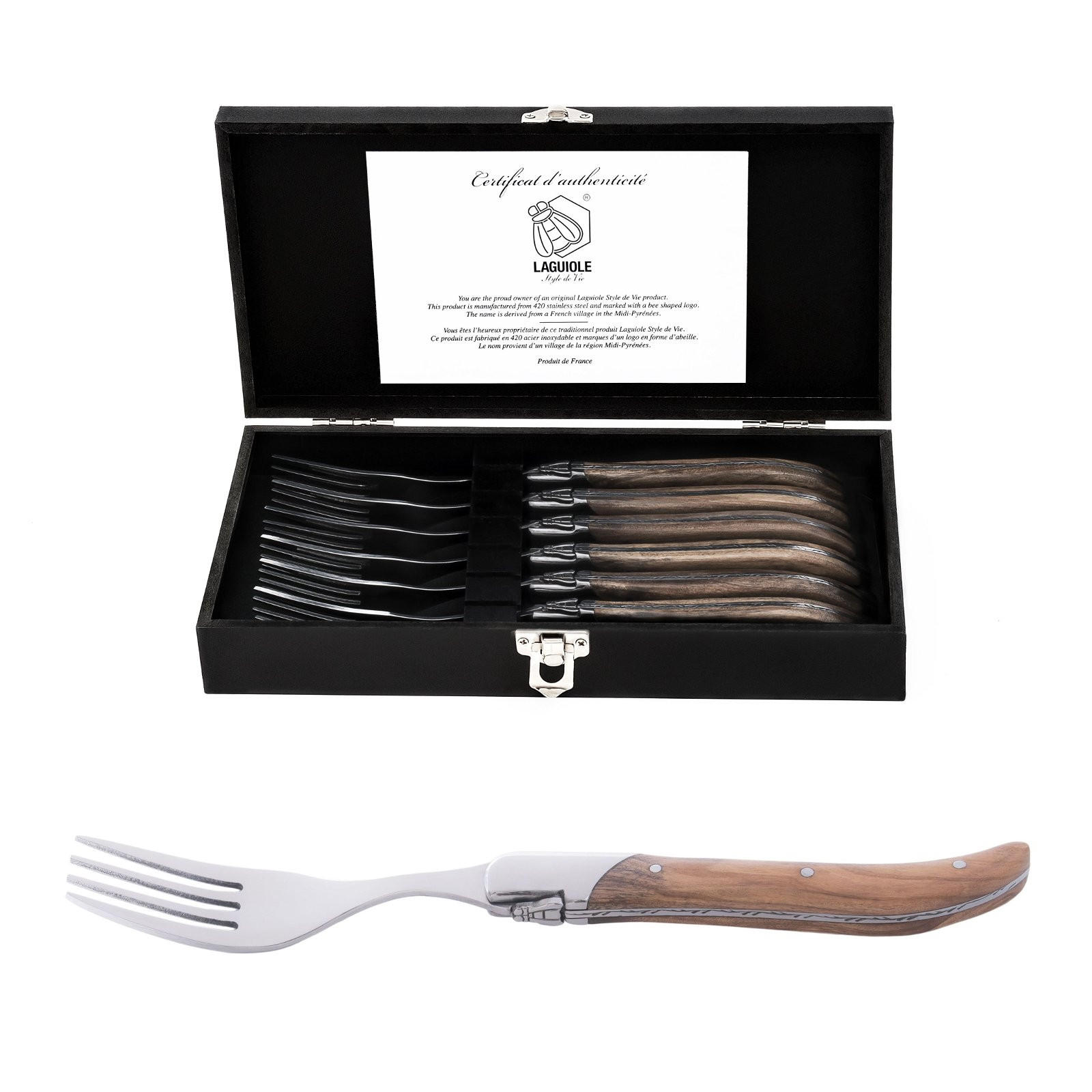 GABEL-SET Luxury Line 6-tlg. 22 cm, Griffe aus Olivenholz naturfarben - Naturfarben, Holz - Laguiole Style de Vie