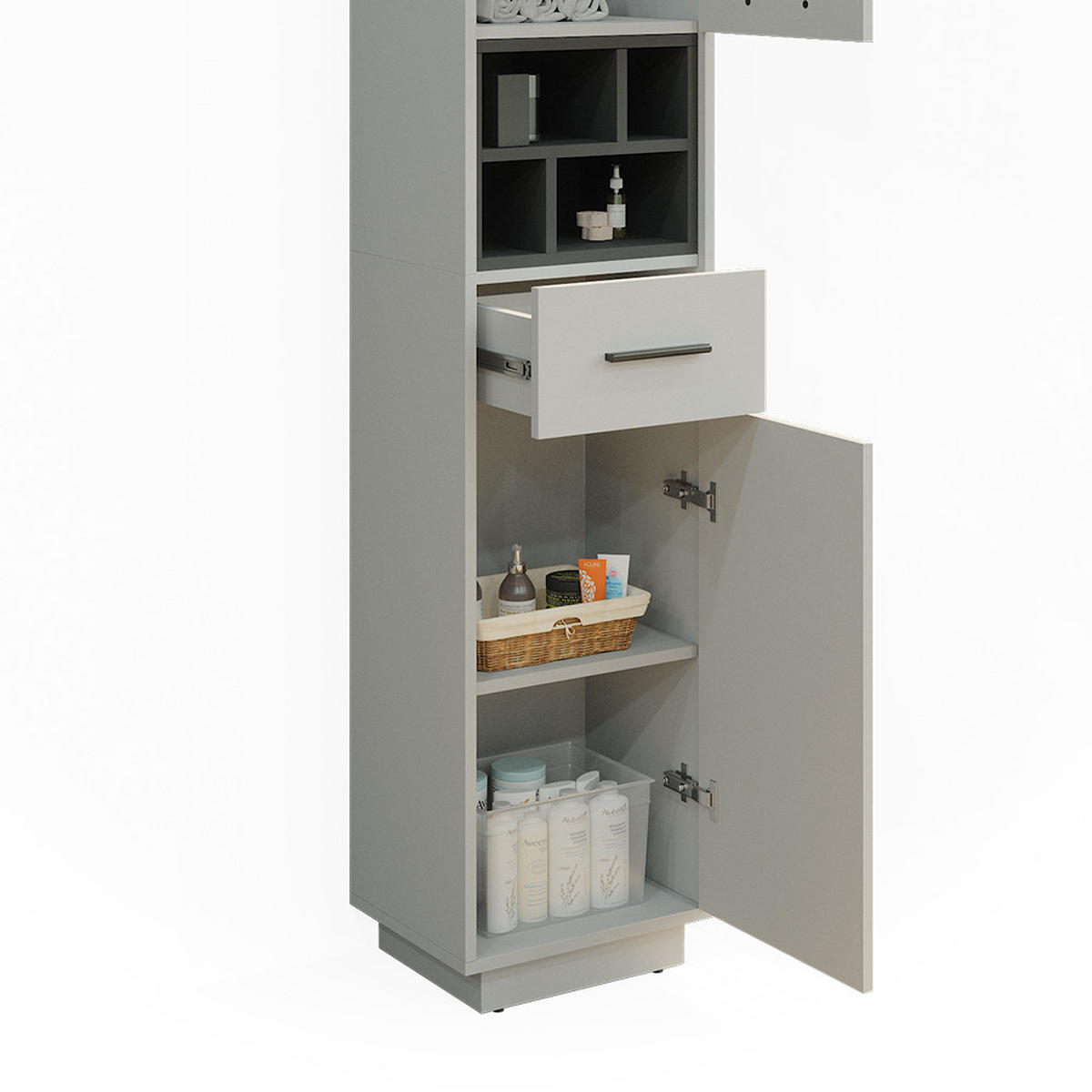 BADSCHRANK Beatrice Grau/Anthrazit 38 x 190 cm mit Türen, Schubladen und Fächern - Grau, Holzwerkstoff (38/190/30cm) - Vicco