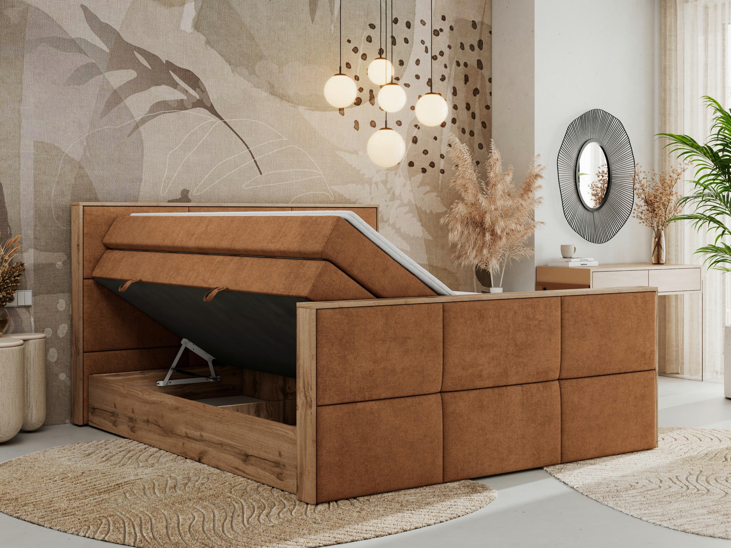 Thumbnail - MKS Boxspringbett, Orange, Textil, 2-Sitzer, H4, Rechteckig, 200x200 cm, Oeko-Tex®, Schlafzimmer, Betten, Boxspringbette...