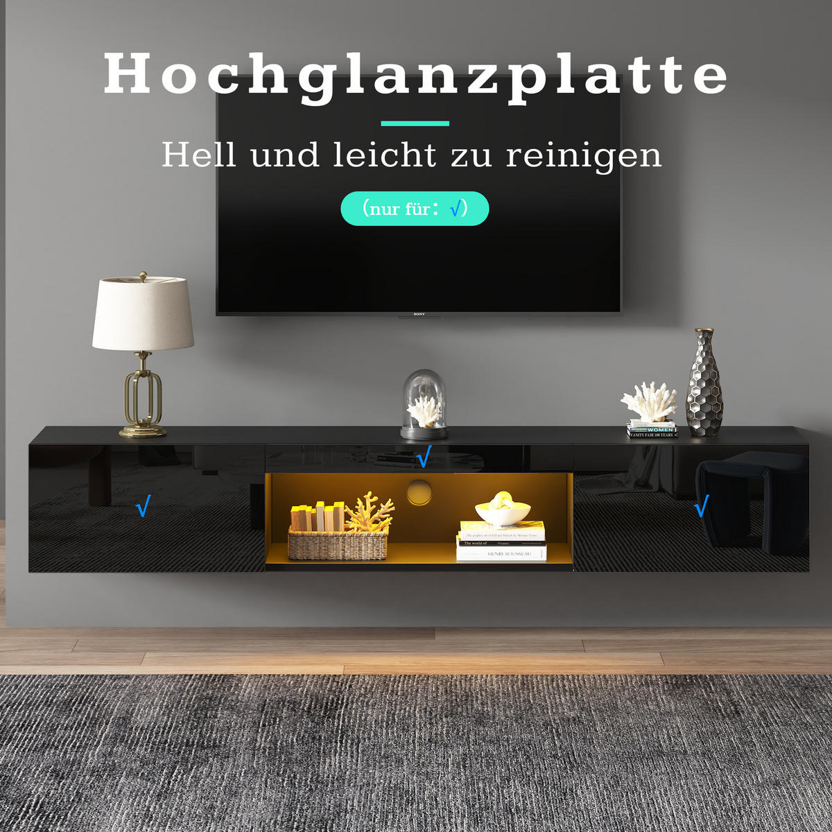 TV-SCHRANK 160cm LED Hängeschrank Wandmontiert Schwarz Lowboard - Schwarz, Holzwerkstoff (160/22/31cm) - FLIEKS