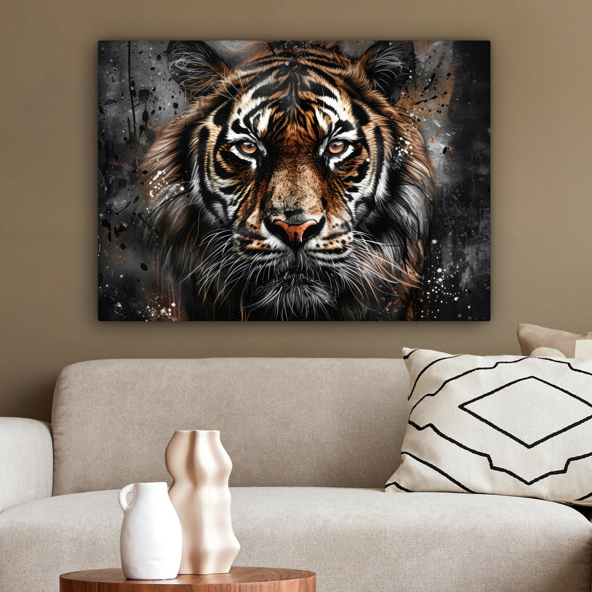LEINWANDBILD Tiger - Tiere - Porträt - Luxus - Schwarz Wandbilder 80x60 cm - Anthrazit, Textil (80/60cm) - MuchoWow