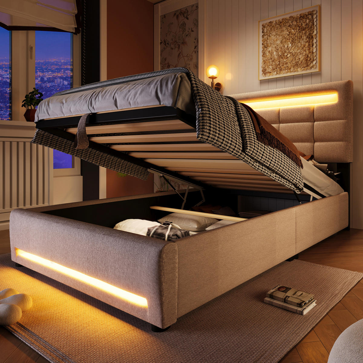 POLSTERBETT 90/200 cm mit App-gesteuerter LED-Beleuchtung, USB-Anschluss und hydraulischem Bettkasten, Beige - Beige, Textil (90/200cm) - Redom