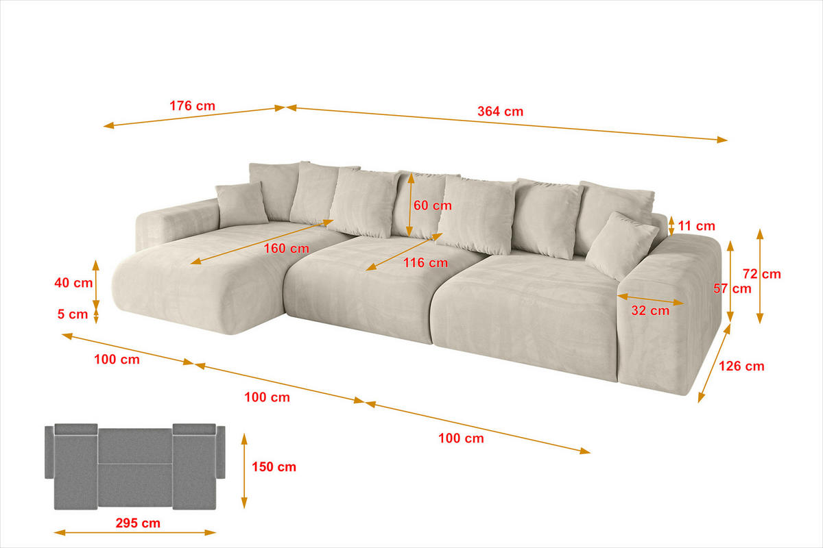 ECKSOFA Ottomane links ESKAR-L 364x176x72 Cappuccino Velours - Schwarz/Cappuccino, Holzwerkstoff/Kunststoff (364/176cm) - ALTDECOR
