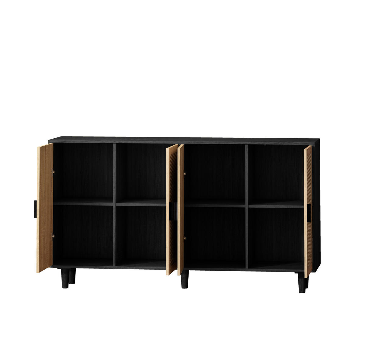 SIDEBOARD 158/40/88 cm in Schwarz mit 4 Rattantüren und verstellbarem Einlegeboden - Schwarz, Holzwerkstoff (158/88/40cm) - Flora Grace