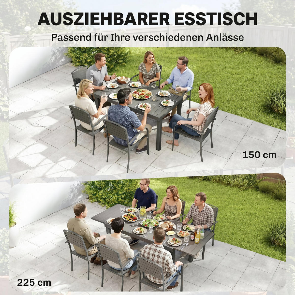 GARTENMÖBEL Set 7-teilig,ausziehbarer Lamelentisch+6 stapelbare Stühle - Grau, Holzwerkstoff - Vallsero