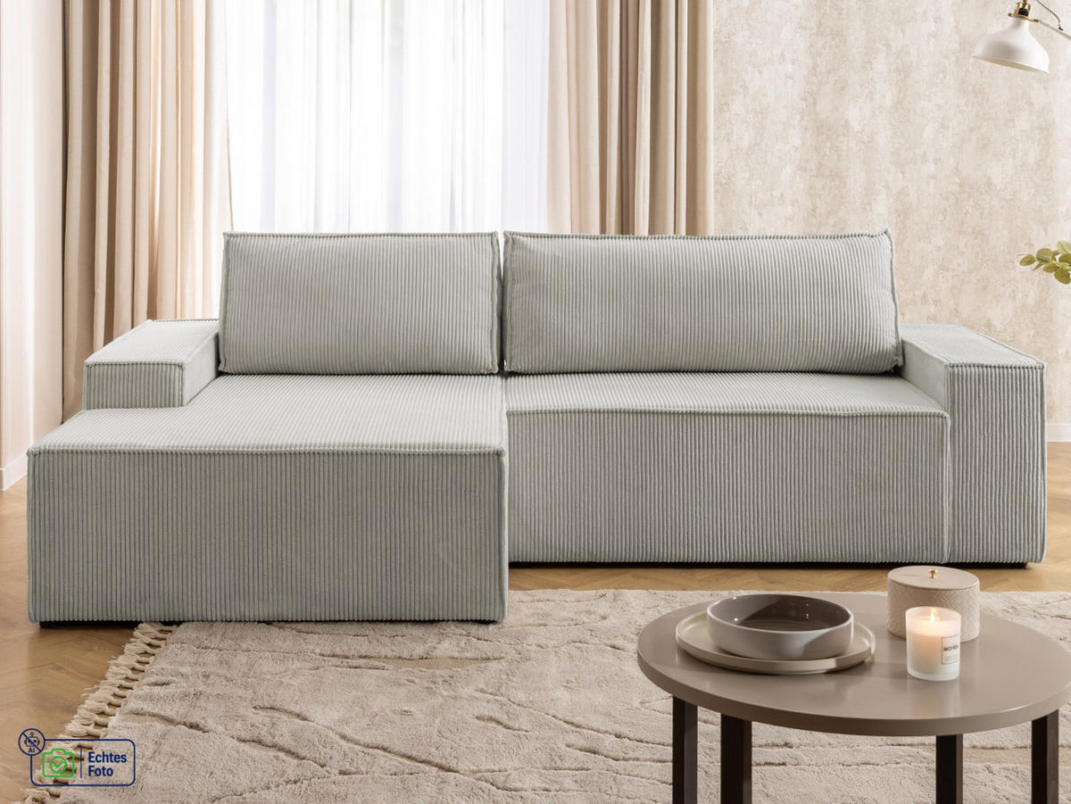 ECKSOFA Rivio mit Schlaffunktion und Bettkasten, Cordstoff Taupe - Taupe/Schwarz, Holz/Kunststoff (149/262cm) - S-Style