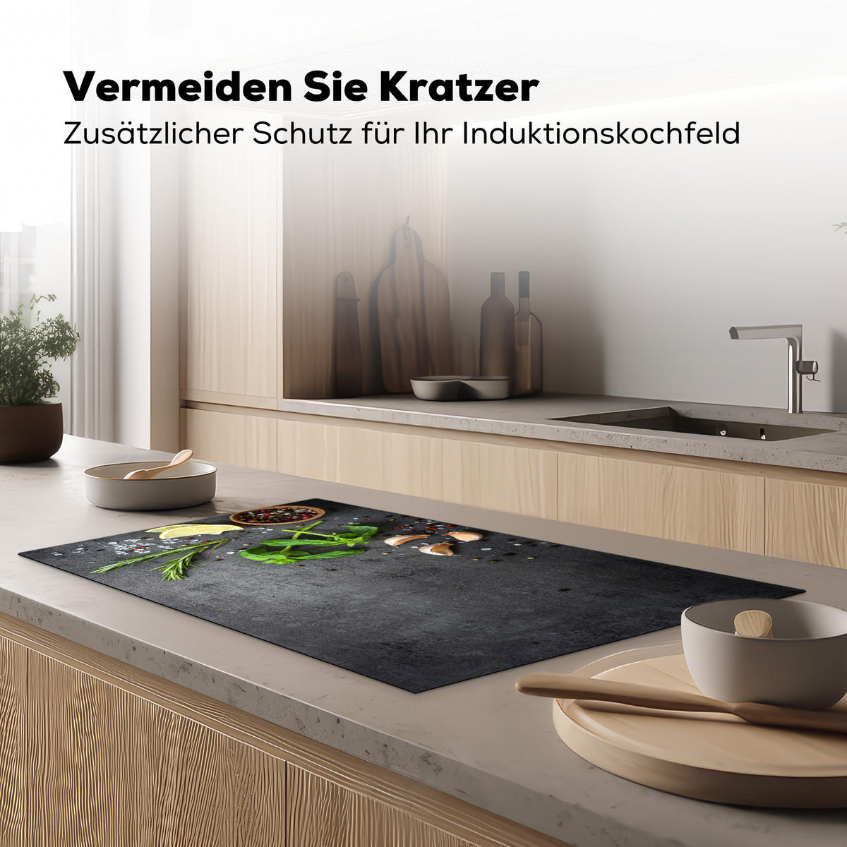 HERDABDECKPLATTE Limette - Kräuter - Gewürze - Grün - Grau - Beton Induktionsschutz 89.6x51.6 cm - Grün, Kunststoff (89.6/51.6/0.2cm) - MuchoWow