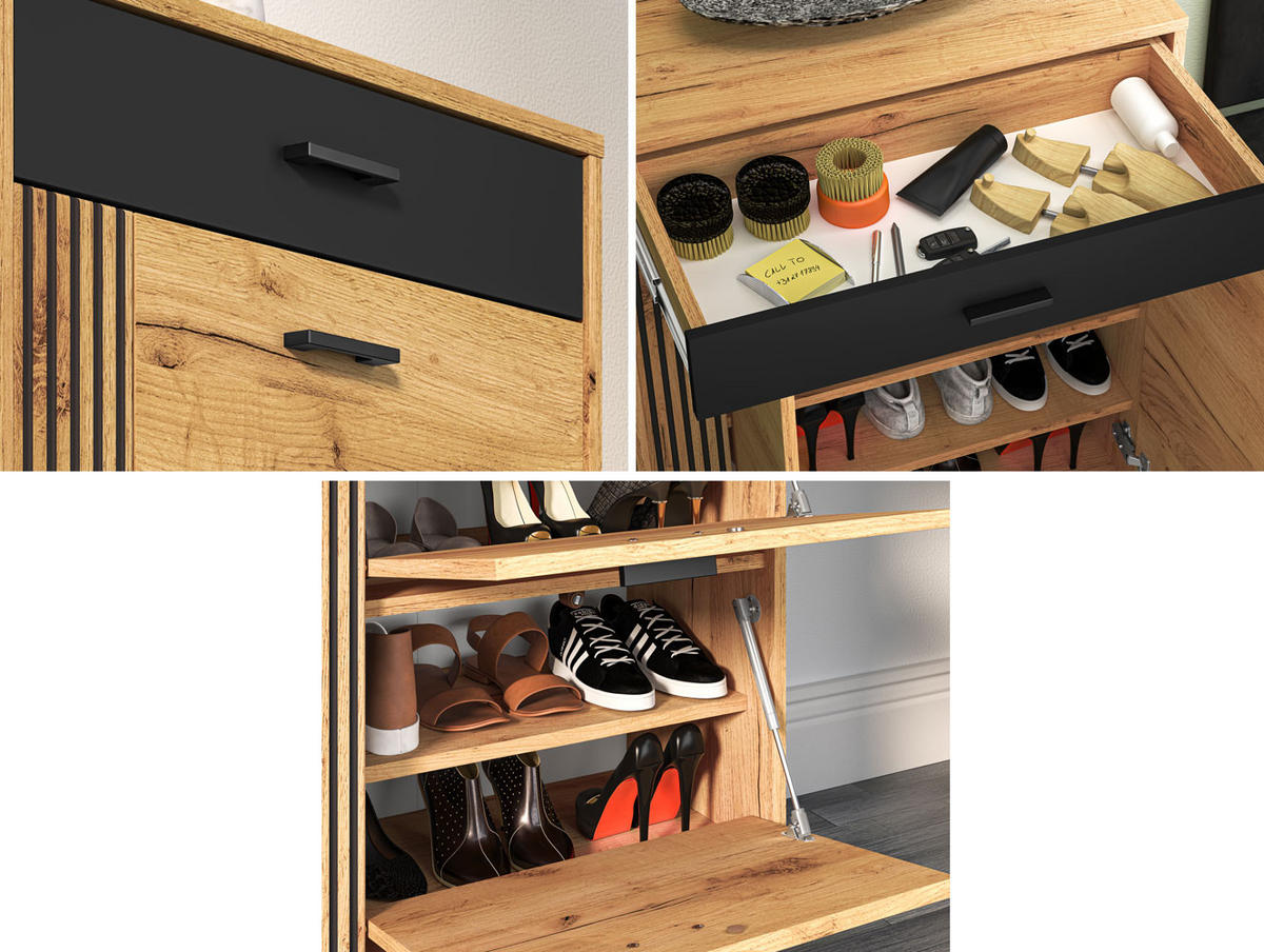 SCHUHSCHRANK Vasco Gold Craft Eiche / Schwarz 60 / 34 / 91cm - Eichefarben/Schwarz, Holz/Holzwerkstoff (60/91/34cm) - Feldmann-Wohnen