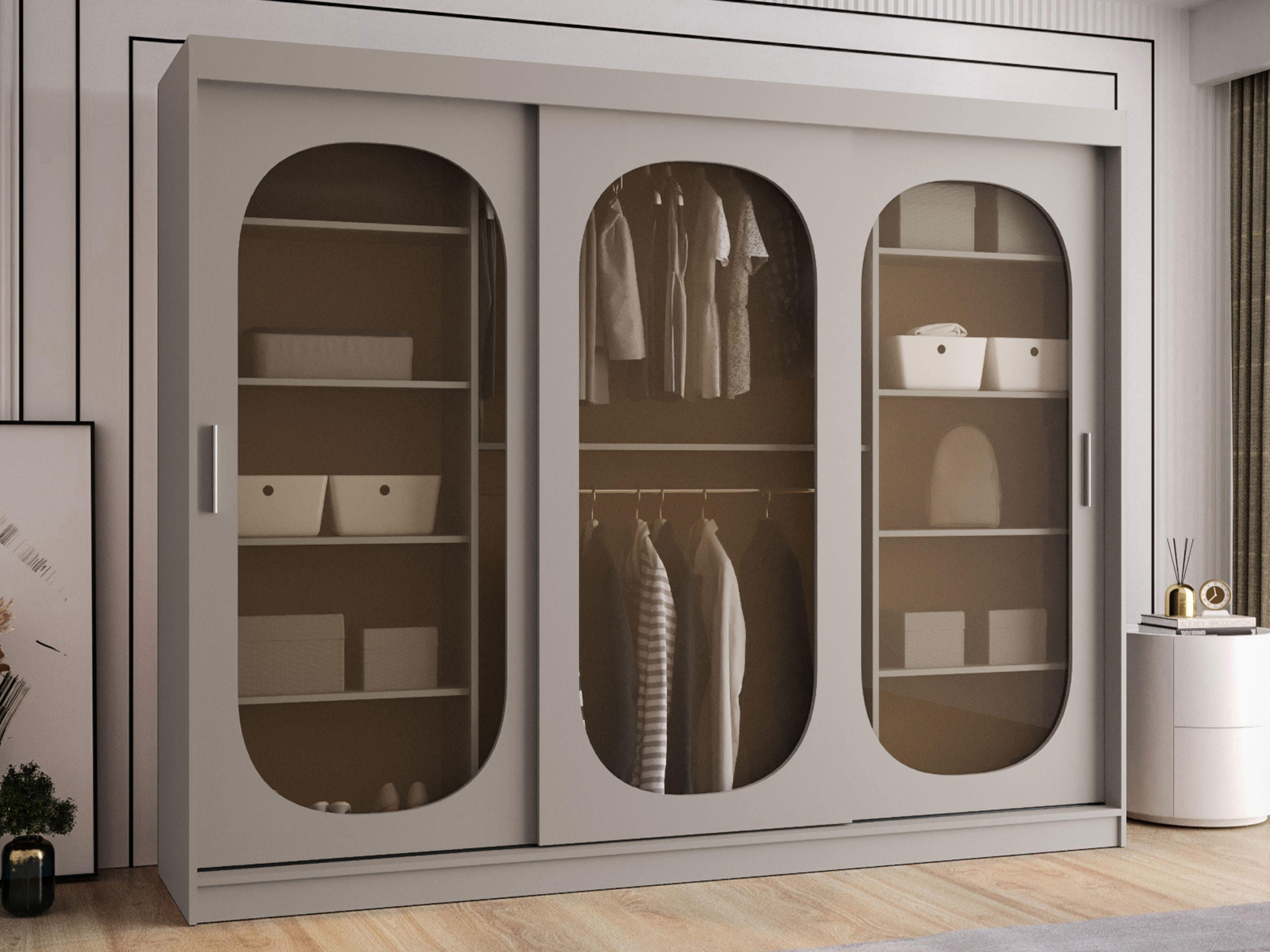 SCHWEBETÜRENSCHRANK Bahrajn 250 - Kaschmir/Silberfarben, Holzwerkstoff/Kunststoff (250/200/62cm) - MIRJAN24