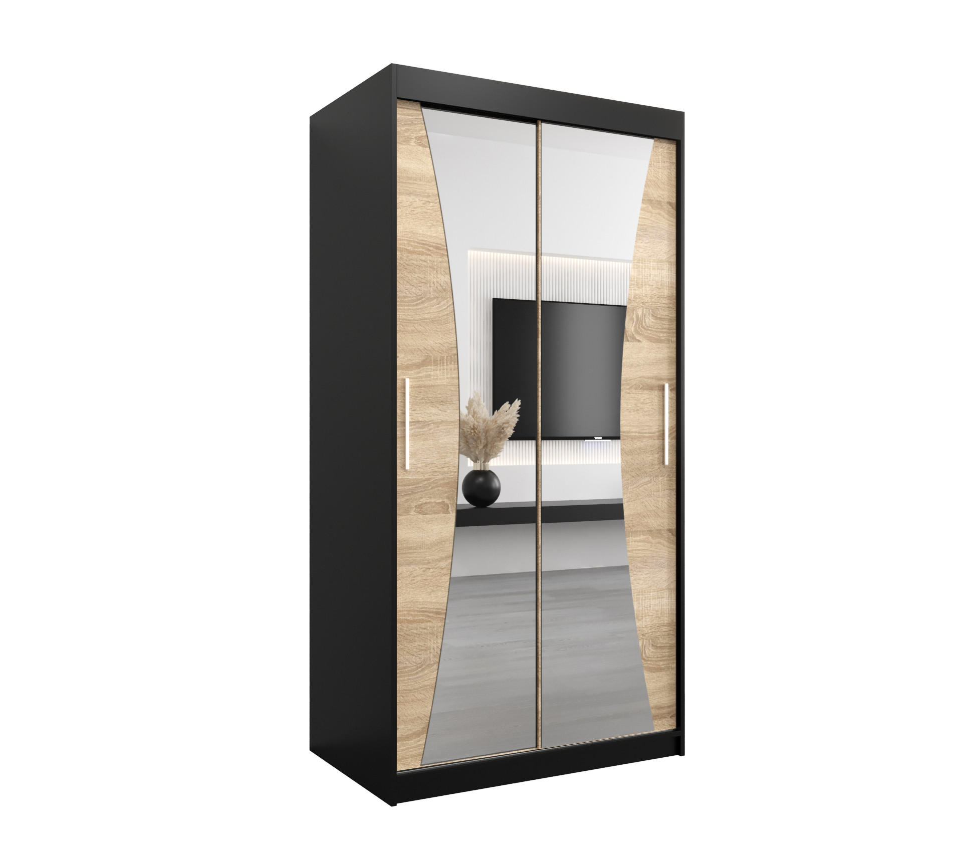 Abiks Möbel Schwebetürenschrank Schwarz, Sonoma Eiche 100x200x62 cm
