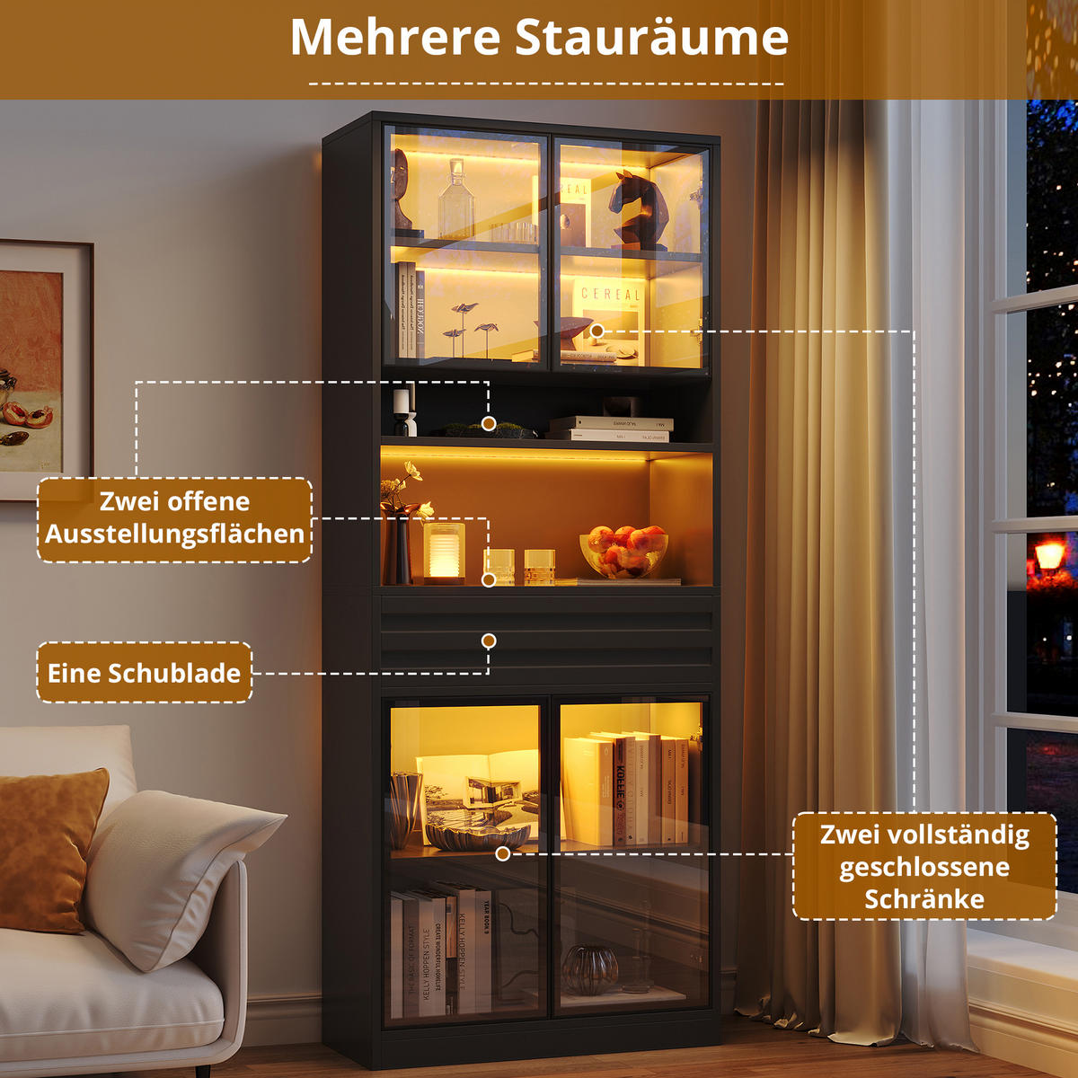 VITRINE 80x35x200 cm Schwarz mit RGB LED und 4 Glastüren - Schwarz, Holzwerkstoff (80/200/35cm) - FLIEKS