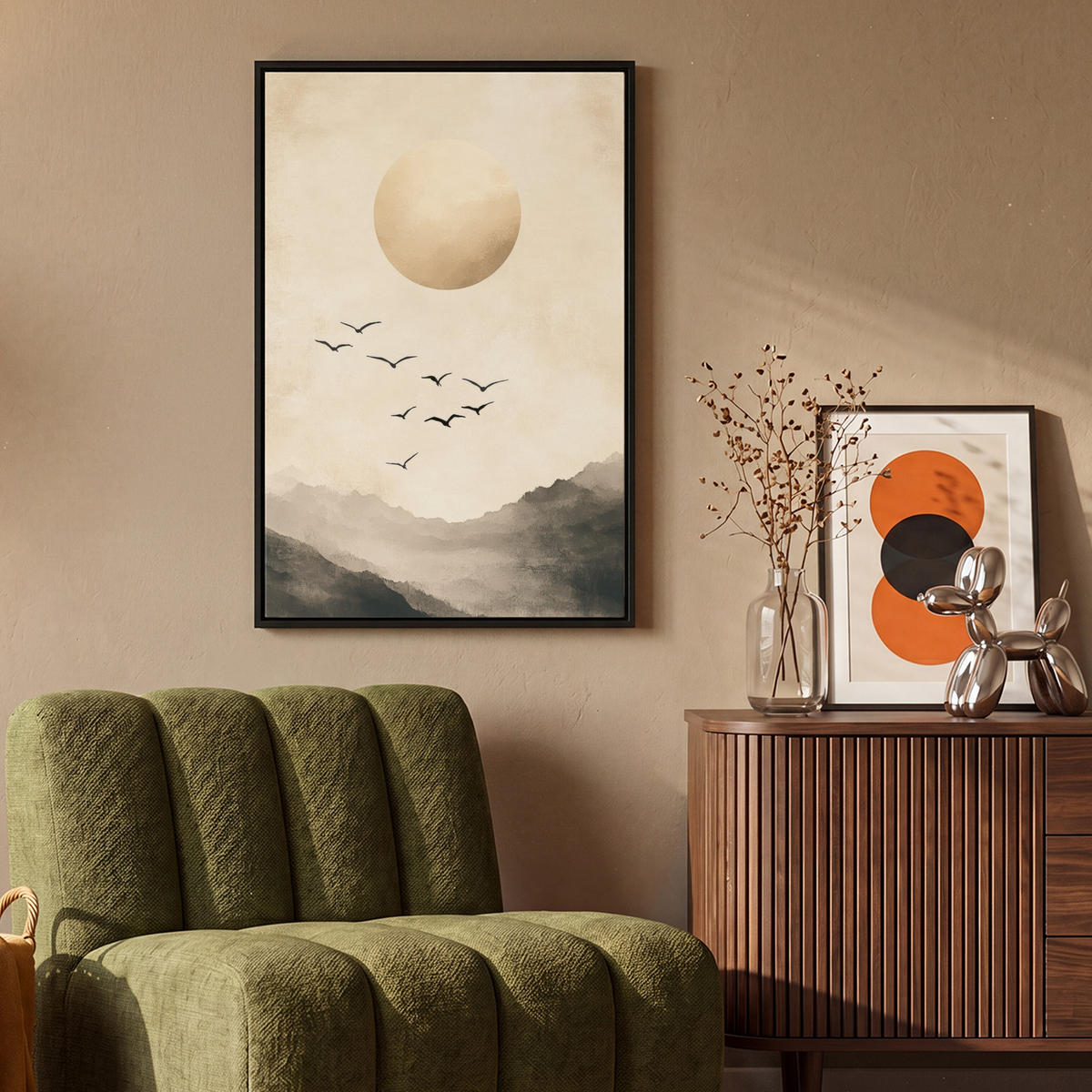 LEINWAND Bilder mit Rahmen - Landschaft - Japandi - Vogel - 60x90 - Beige, Textil (60/90cm) - MuchoWow