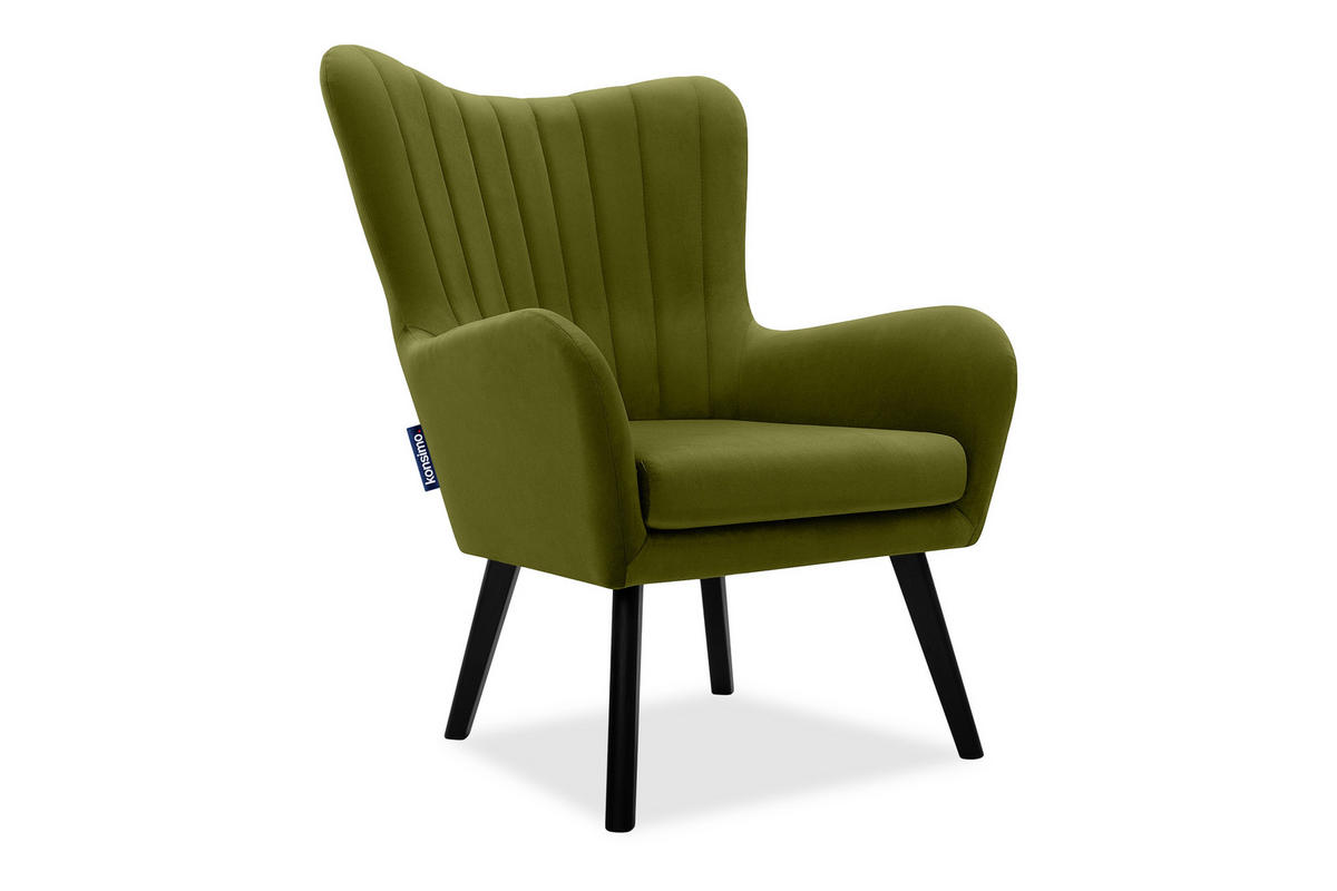 OHRENSESSEL GADI Velourstoff, Olive - Schwarz/Olivgrün, Holz/Textil (76/100/78cm) - KONSIMO®